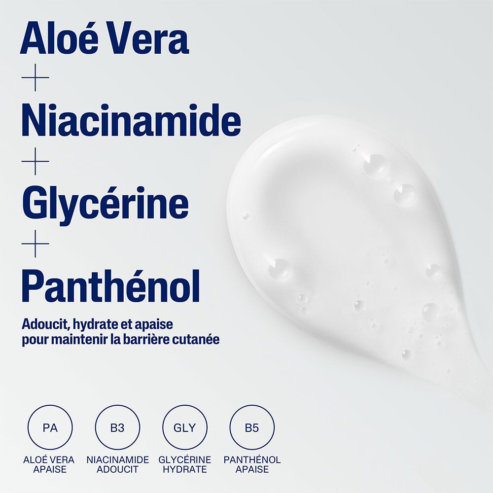 Gros plan sur les ingrédients : Aloe Vera, Niacinamide, Glycérine, Panthénol. Texte : Adoucit, hydrate et apaise.