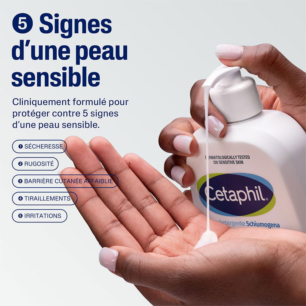 Main avec produit, mousse qui coule. Texte : 5 signes de peau sensible. Sécheresse, rugosité, barrière cutanée affaiblie, tiraillements, irritations.