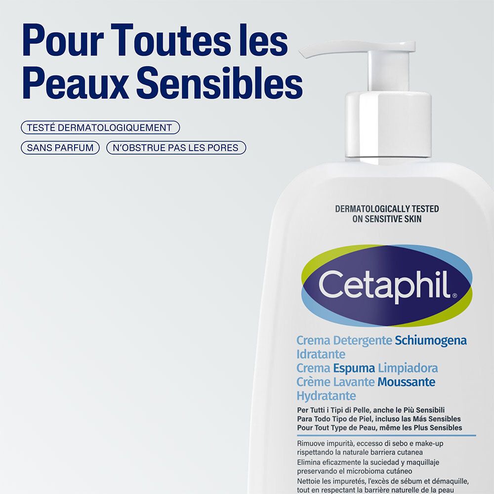 Flacon blanc avec informations produit. Texte : Pour toutes les peaux sensibles. Testé dermatologiquement. Sans parfum. Ne bouche pas les pores.