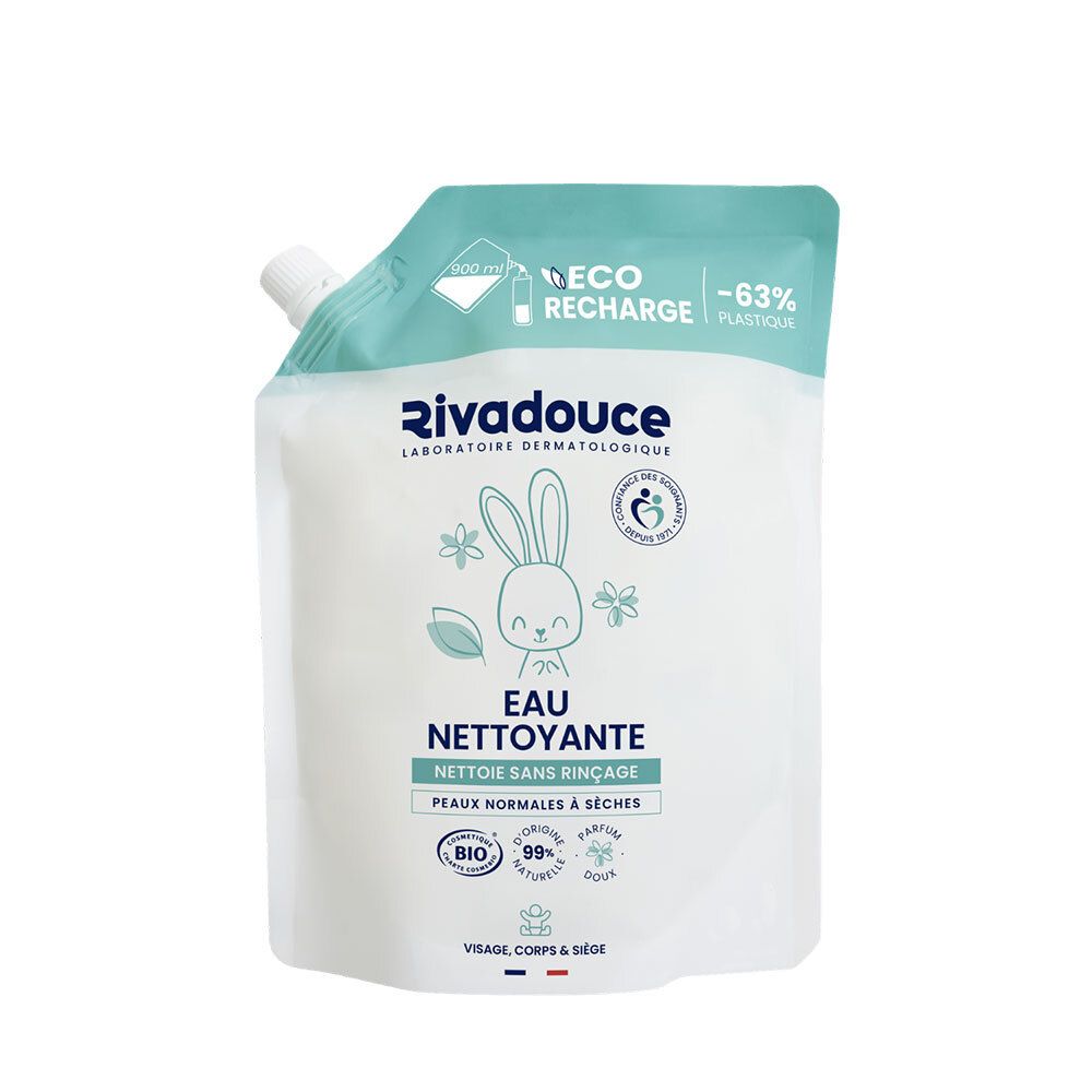 Recharge. Sachet blanc, bouchon vert. Inscription: logo, lapin, "Eau nettoyante", certification BIO.