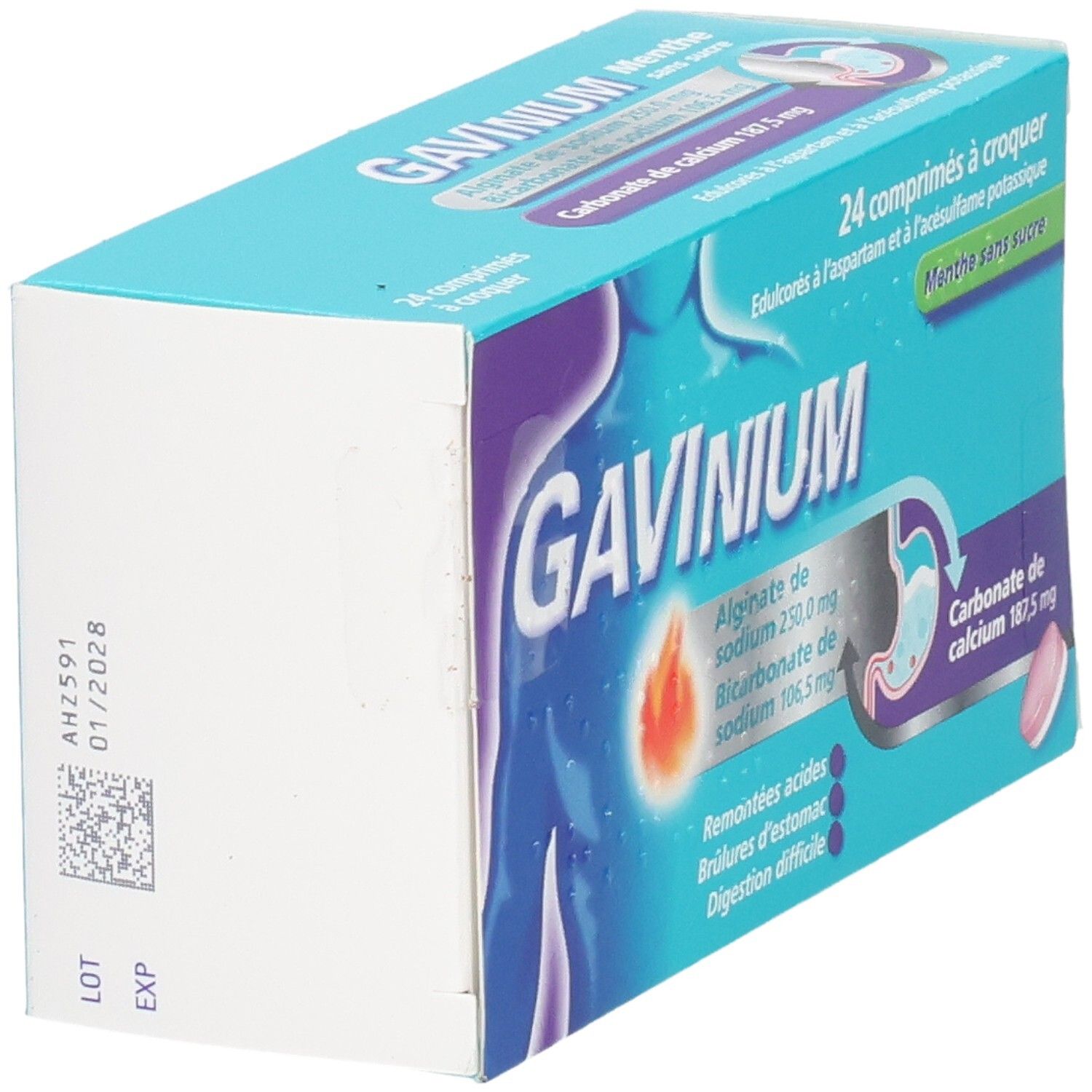 Boîte GAVINIUM MENTHE SANS SUCRE, vue latérale avec numéro de lot et date d'expiration.