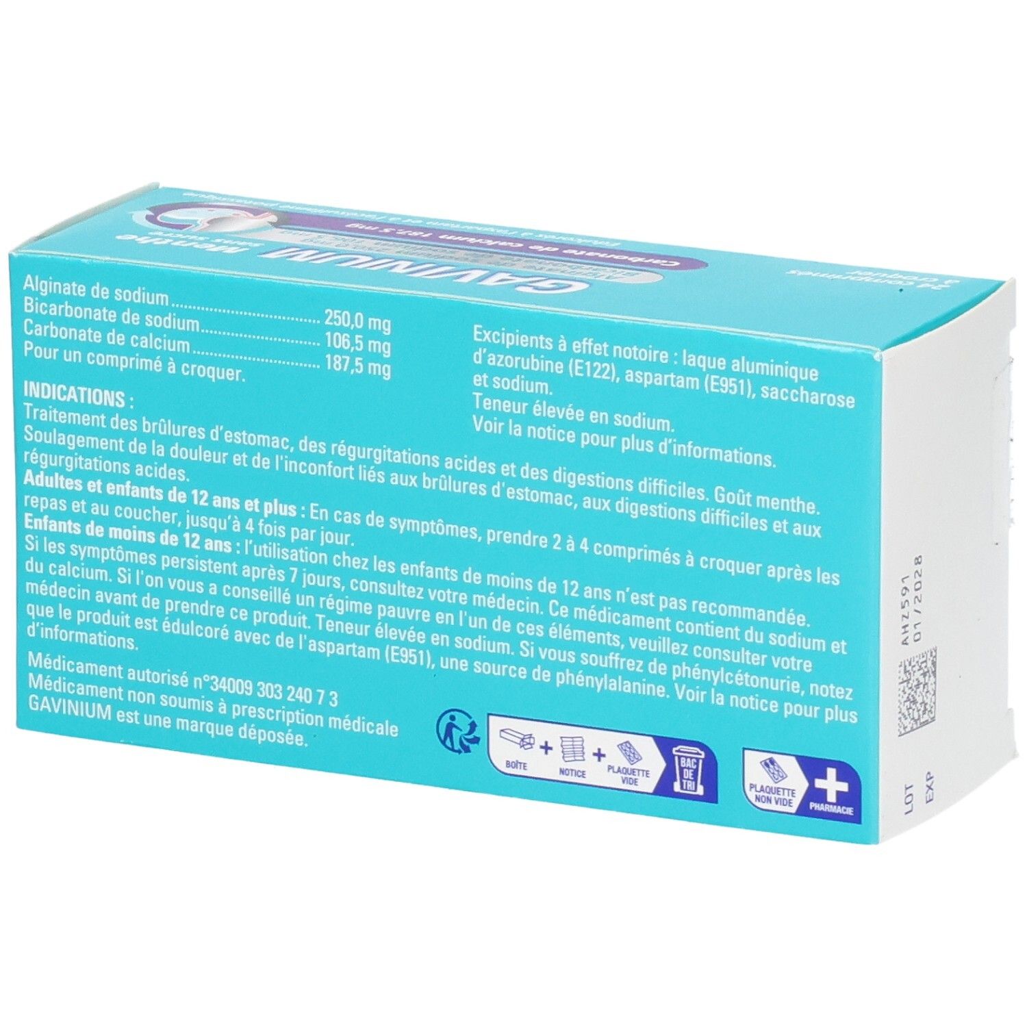 Dos de la boîte GAVINIUM MENTHE SANS SUCRE avec détails des ingrédients et instructions.