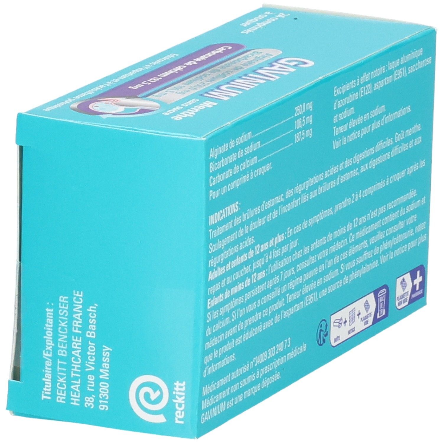 Boîte GAVINIUM MENTHE SANS SUCRE, vue latérale avec informations fabricant et logo Reckitt.