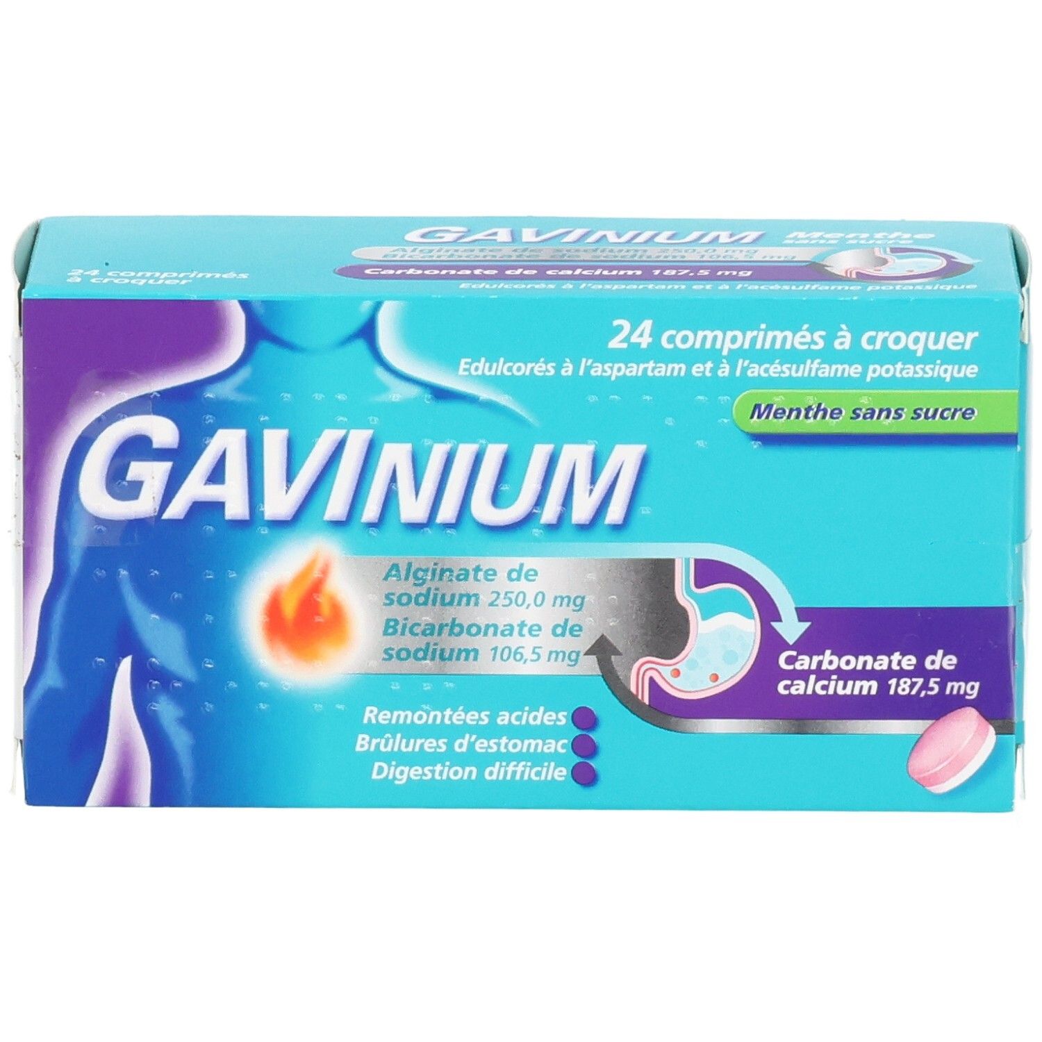 GAVINIUM MENTHE SANS SUCRE, 24 comprimés à croquer. Boîte illustrant l'estomac et les informations produit.