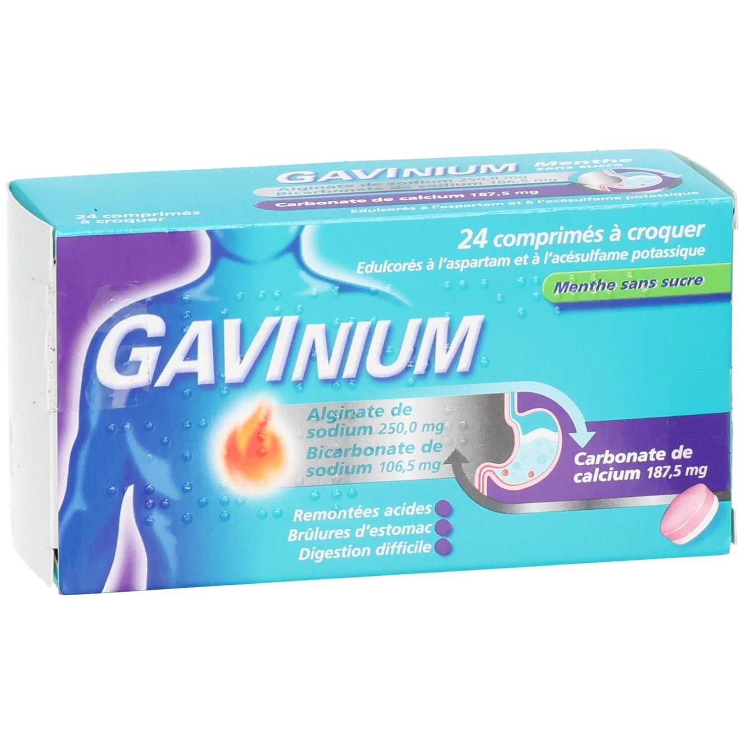GAVINIUM MENTHE SANS SUCRE, 24 comprimés à croquer. Boîte illustrant l'estomac et les informations produit.