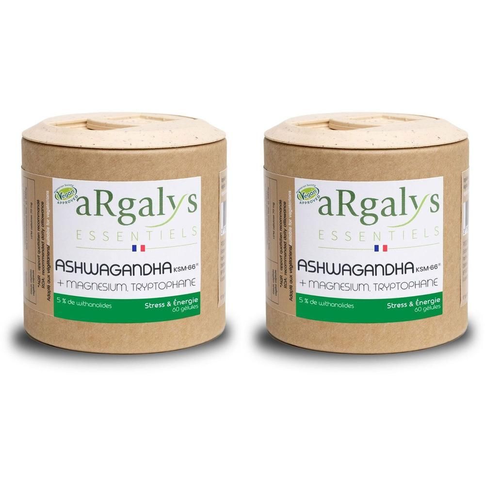 Deux boîtes cylindriques en papier brun. Inscription : aRgalys, Ashwagandha + Magnésium Tryptophane. Couvercles en papier clair.