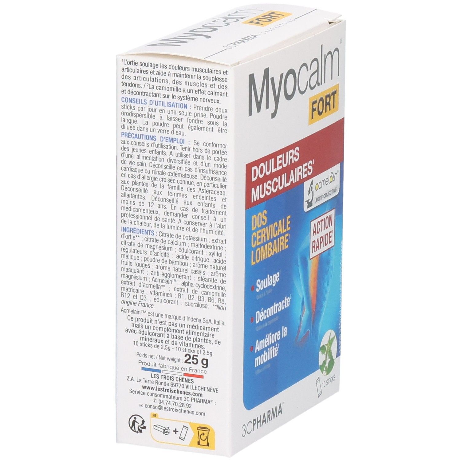 Arrière de la boîte 3C Pharma Myocalm Fort 10 sticks, avec ingrédients et conseils d'utilisation.