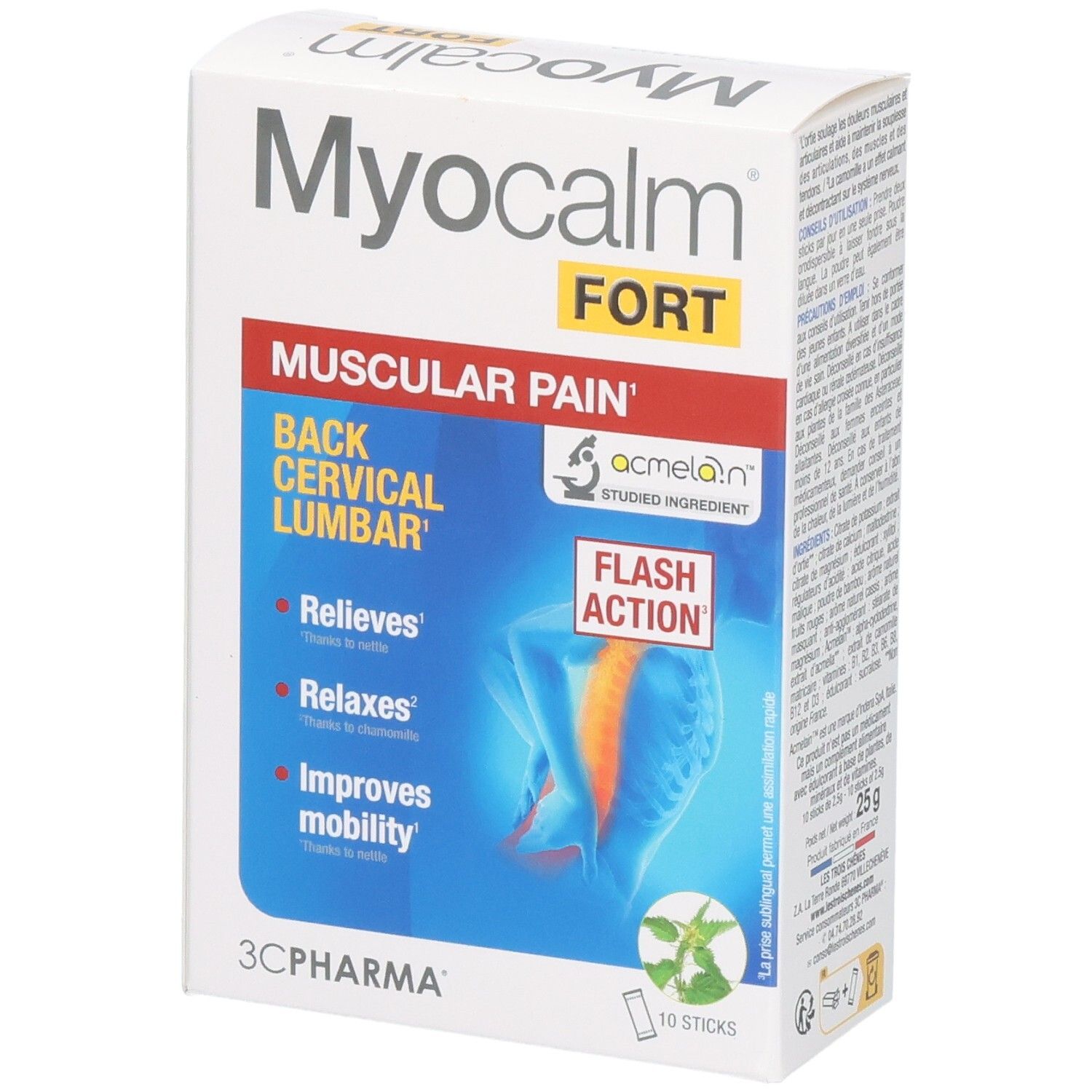 Boîte 3C Pharma Myocalm Fort de 10 sticks pour douleurs musculaires du dos, cervicales et lombaires.