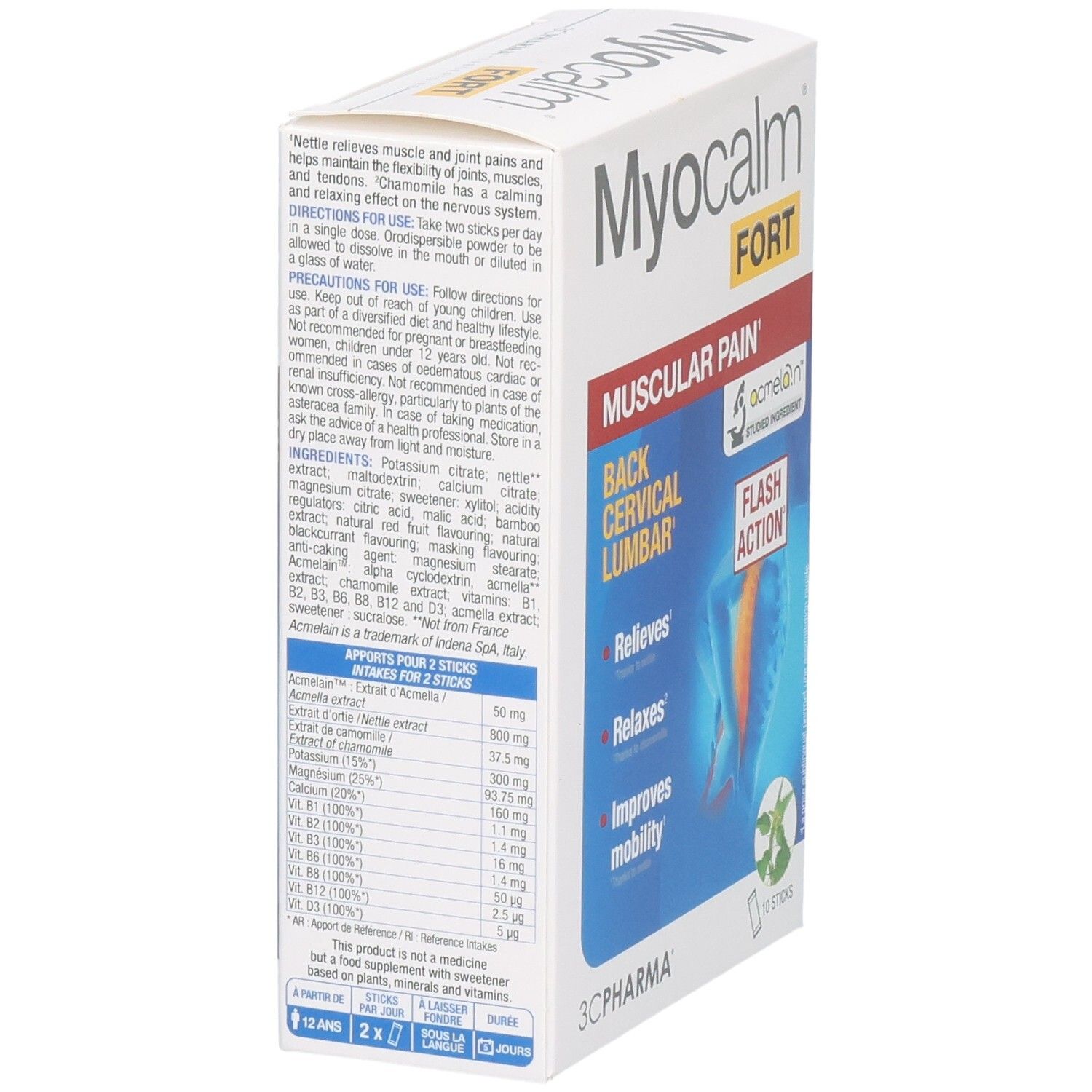 Côté de la boîte 3C Pharma Myocalm Fort 10 sticks, avec ingrédients et conseils d'utilisation.