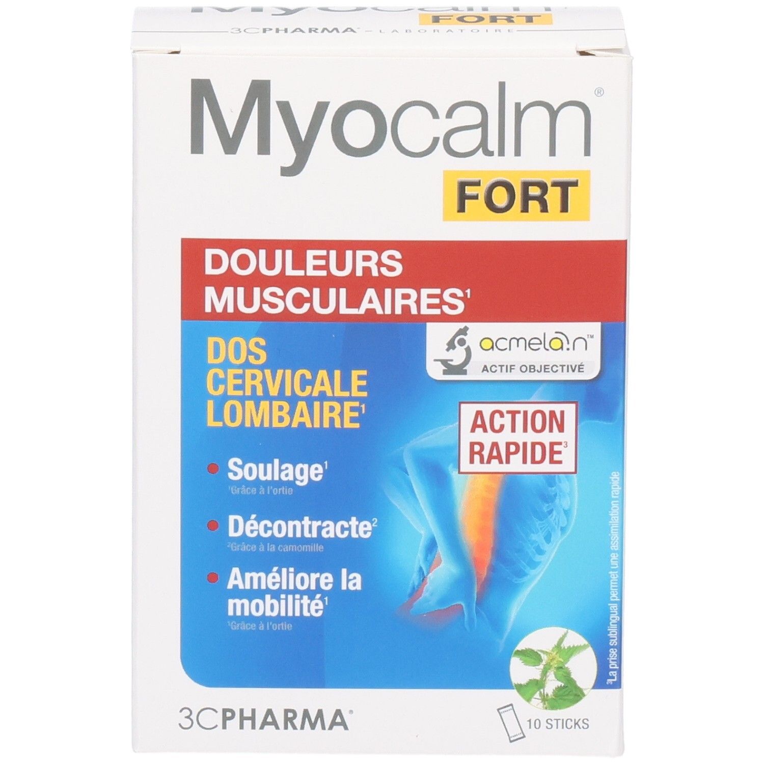 Boîte 3C Pharma Myocalm Fort de 10 sticks pour douleurs musculaires du dos, cervicales et lombaires.