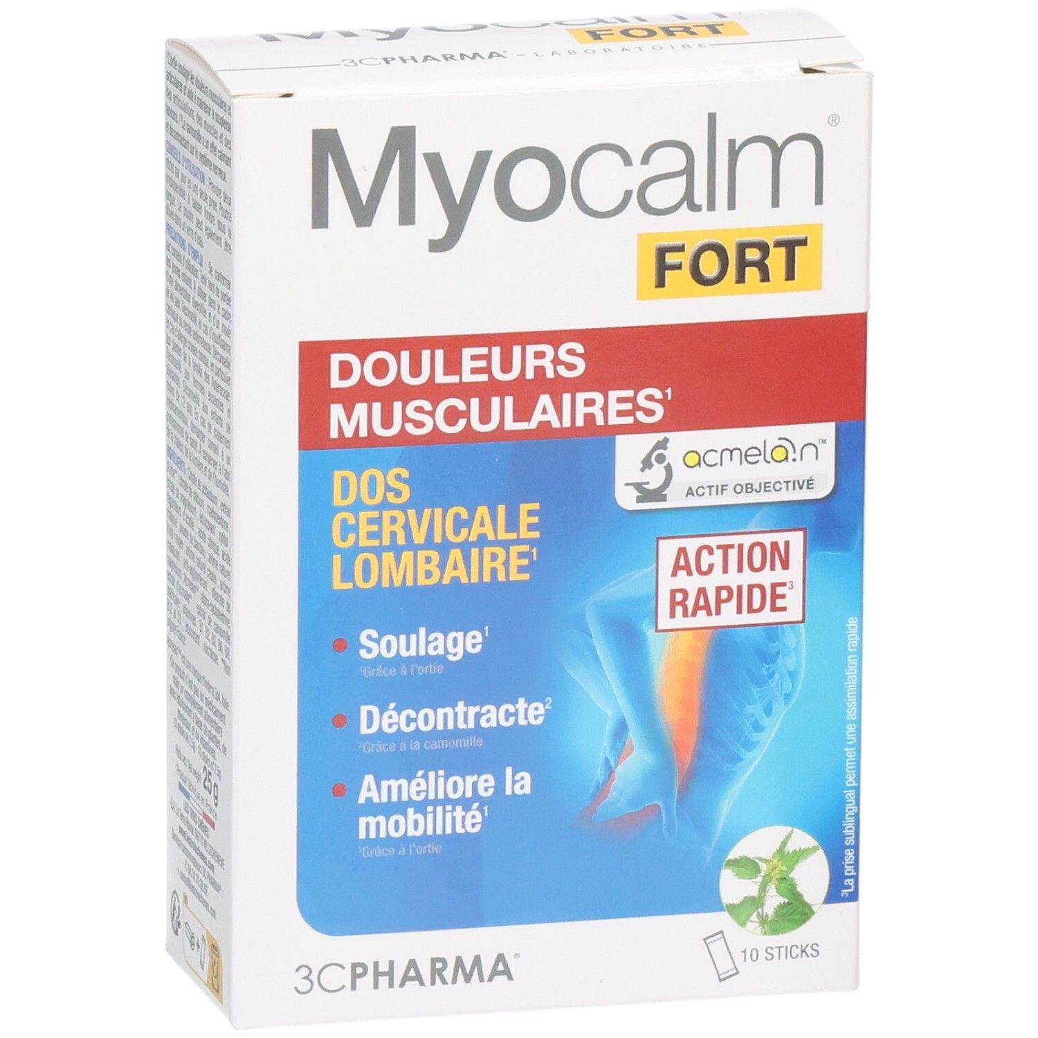 Boîte 3C Pharma Myocalm Fort de 10 sticks pour douleurs musculaires du dos, cervicales et lombaires.