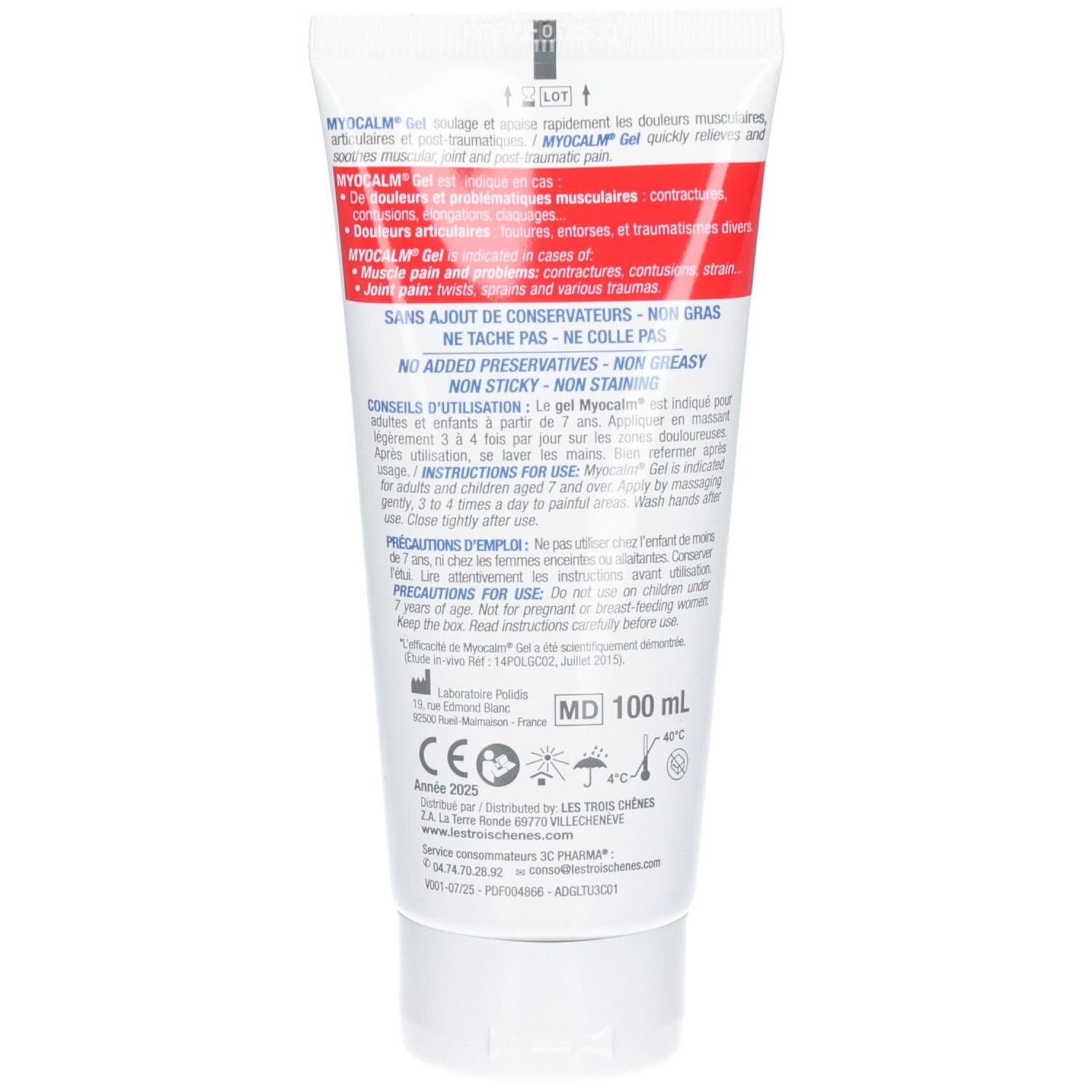 Arrière du tube Myo calm Gel Anti-Douleur avec instructions et composition.