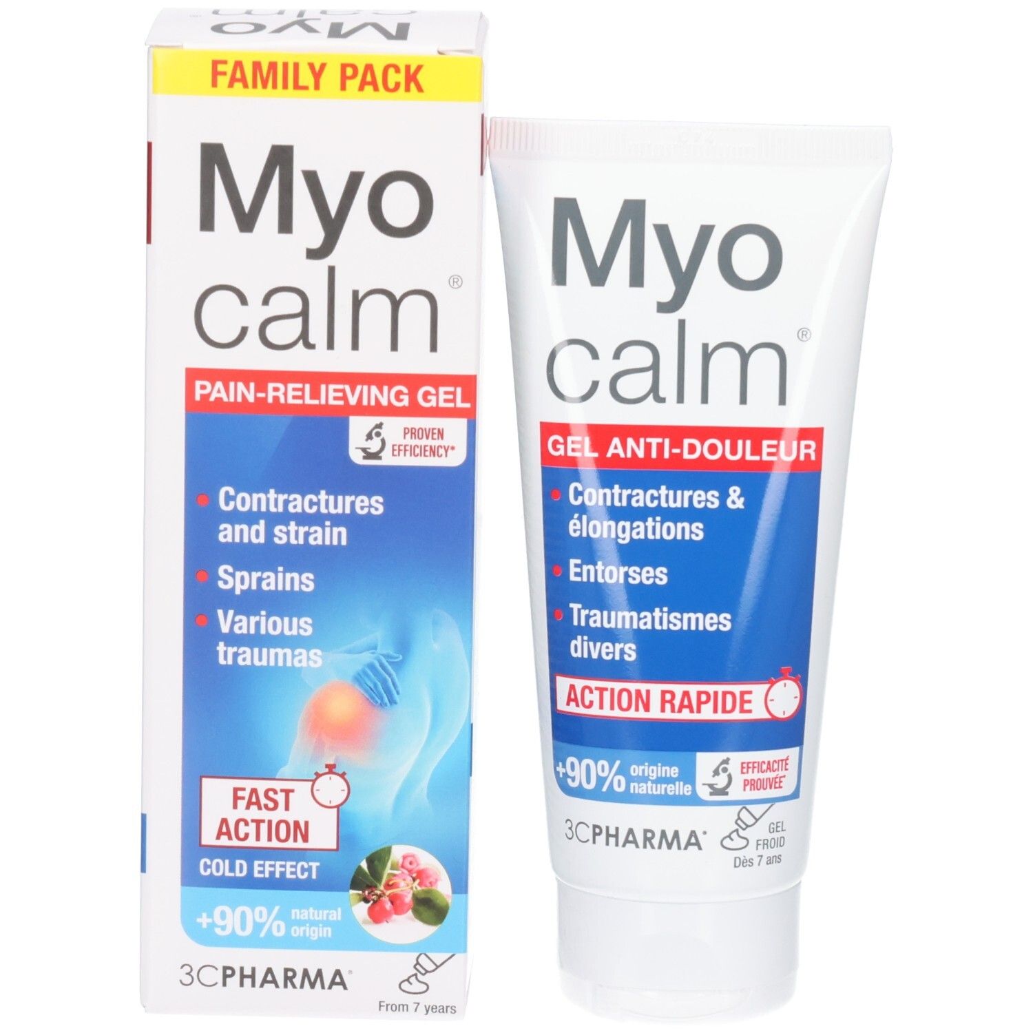 Tube et boîte Myo calm Gel Anti-Douleur. Pour contractures, élongations, entorses et traumatismes.