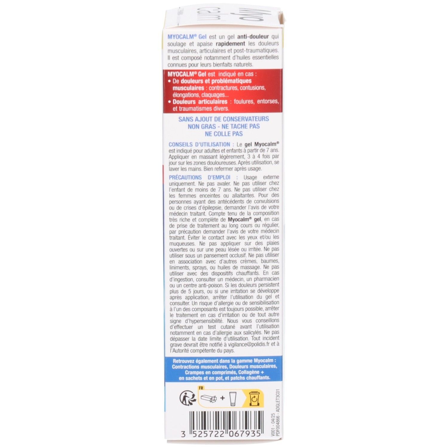 Arrière de la boîte Myo calm Gel Anti-Douleur avec instructions et composition.