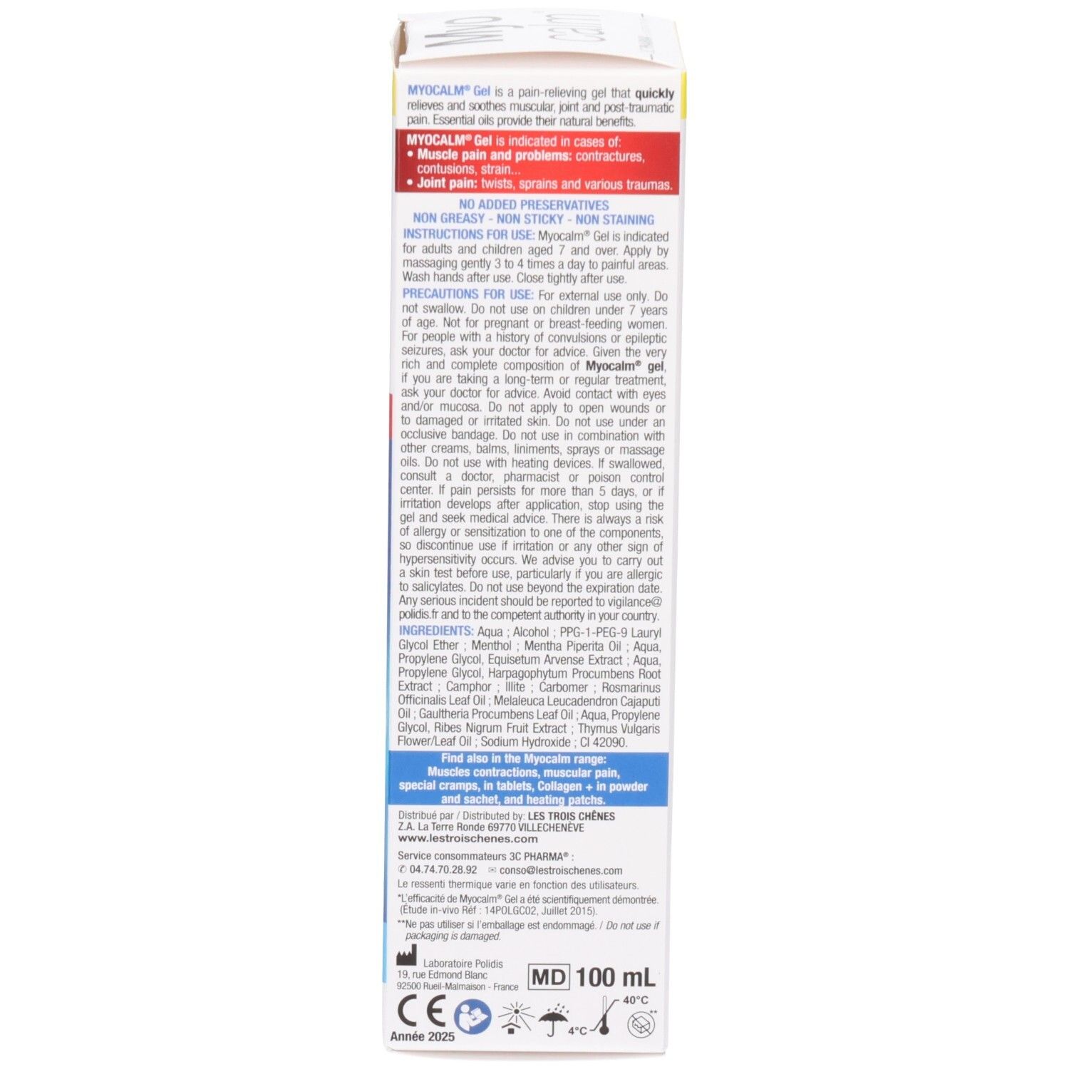 Arrière de la boîte Myo calm Gel Anti-Douleur avec instructions et composition.