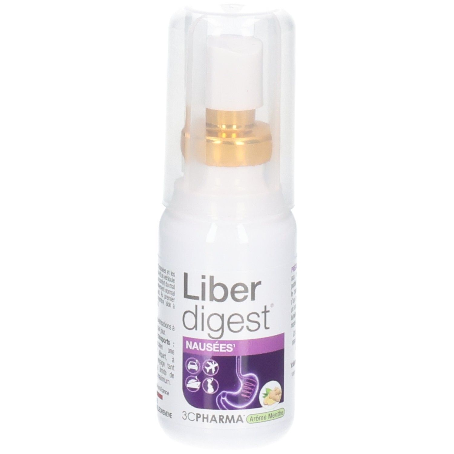Spray 3C Pharma Liberdigest Nausées avec embout pulvérisateur et capuchon protecteur. Flacon étiqueté.