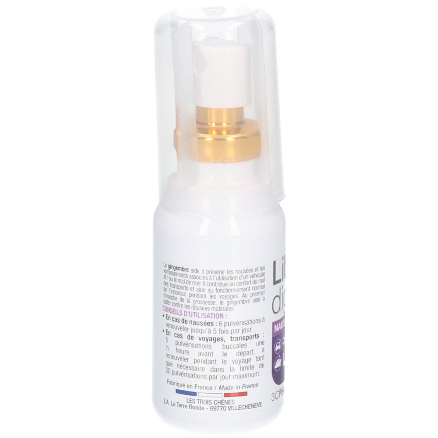 Arrière du spray 3C Pharma Liberdigest Nausées avec instructions d'utilisation et lieu de fabrication.