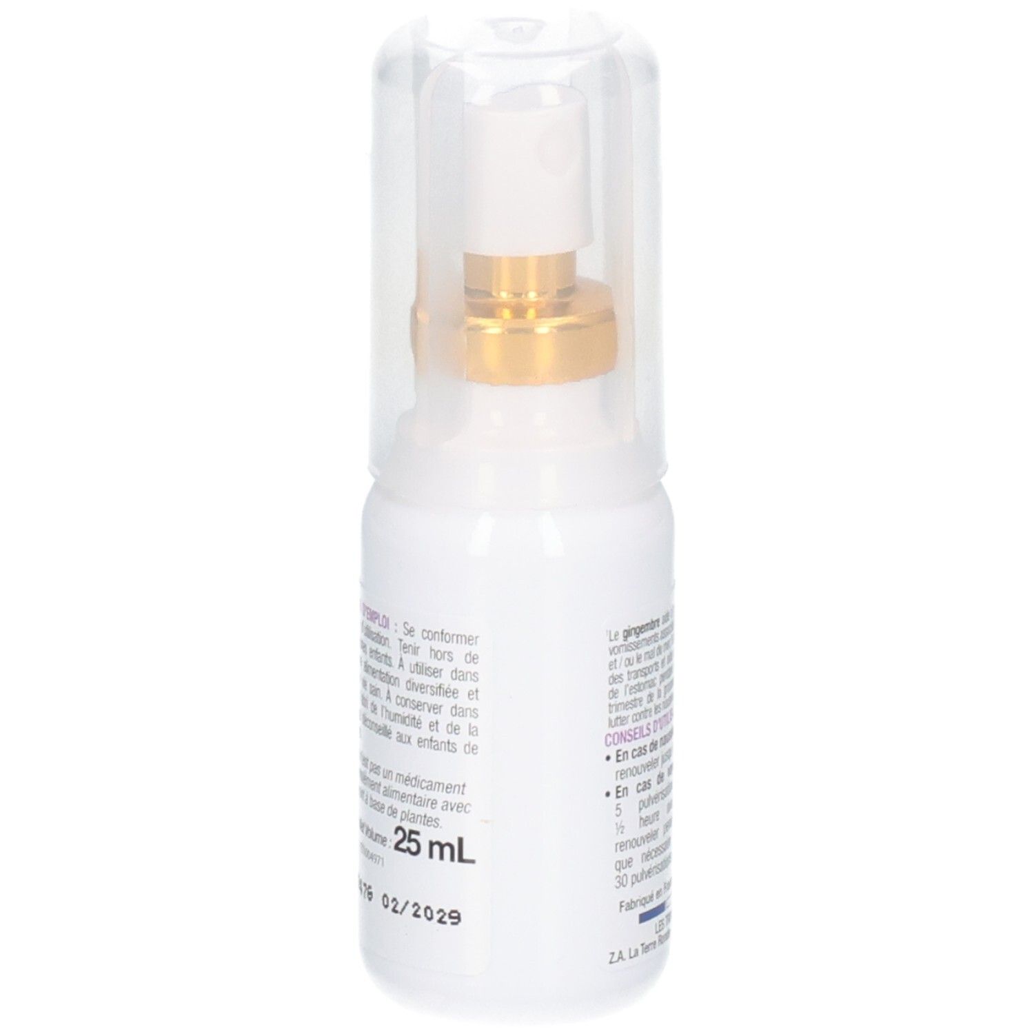 Côté du spray 3C Pharma Liberdigest Nausées indiquant le volume net de 25 ml et la date de péremption.