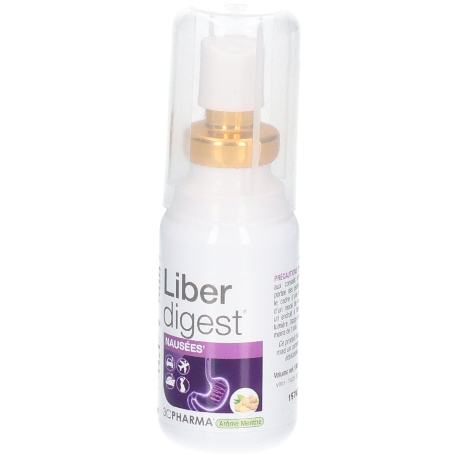 Avant du spray 3C Pharma Liberdigest Nausées avec étiquette et embout pulvérisateur.