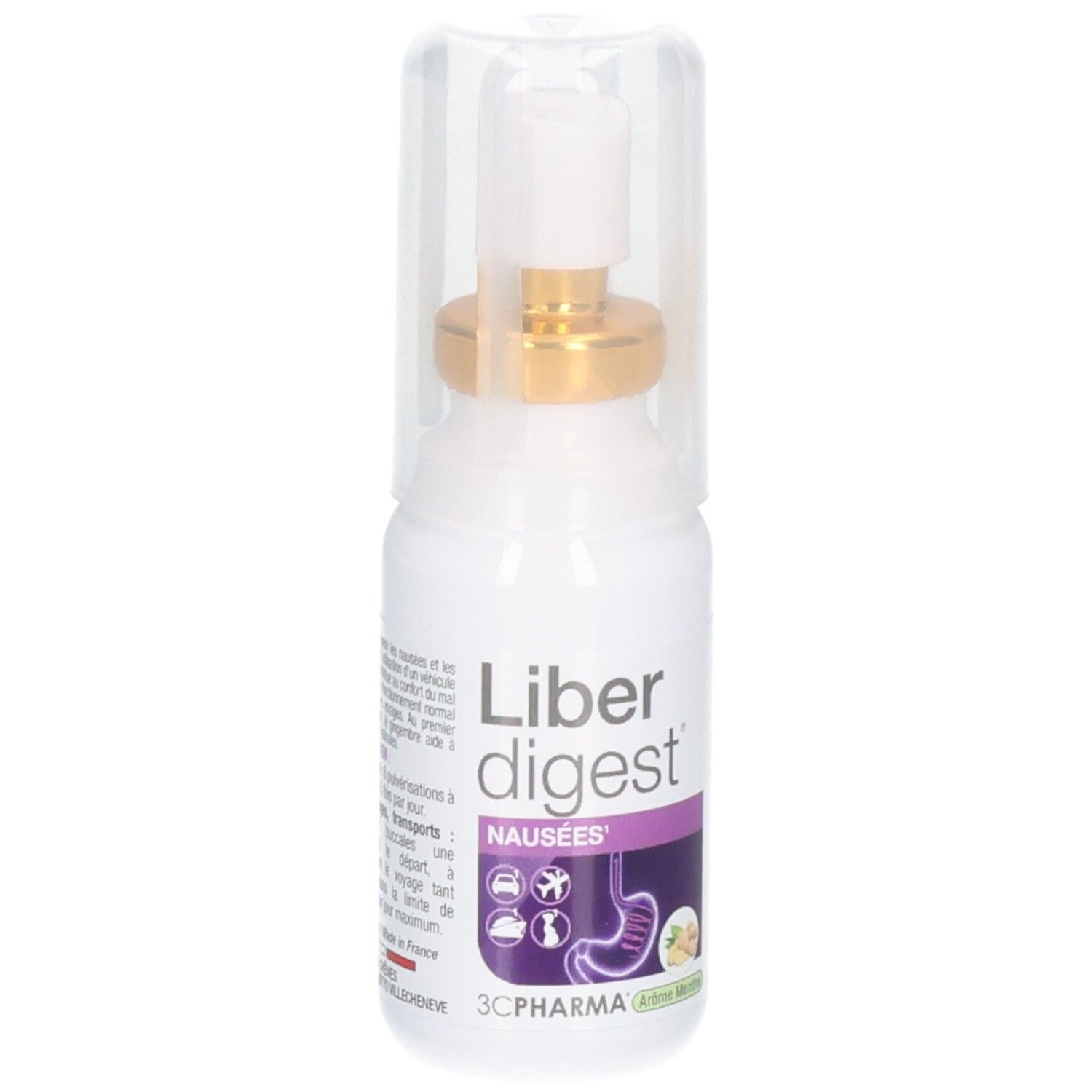 Spray 3C Pharma Liberdigest Nausées avec embout pulvérisateur, capuchon protecteur et étiquette.
