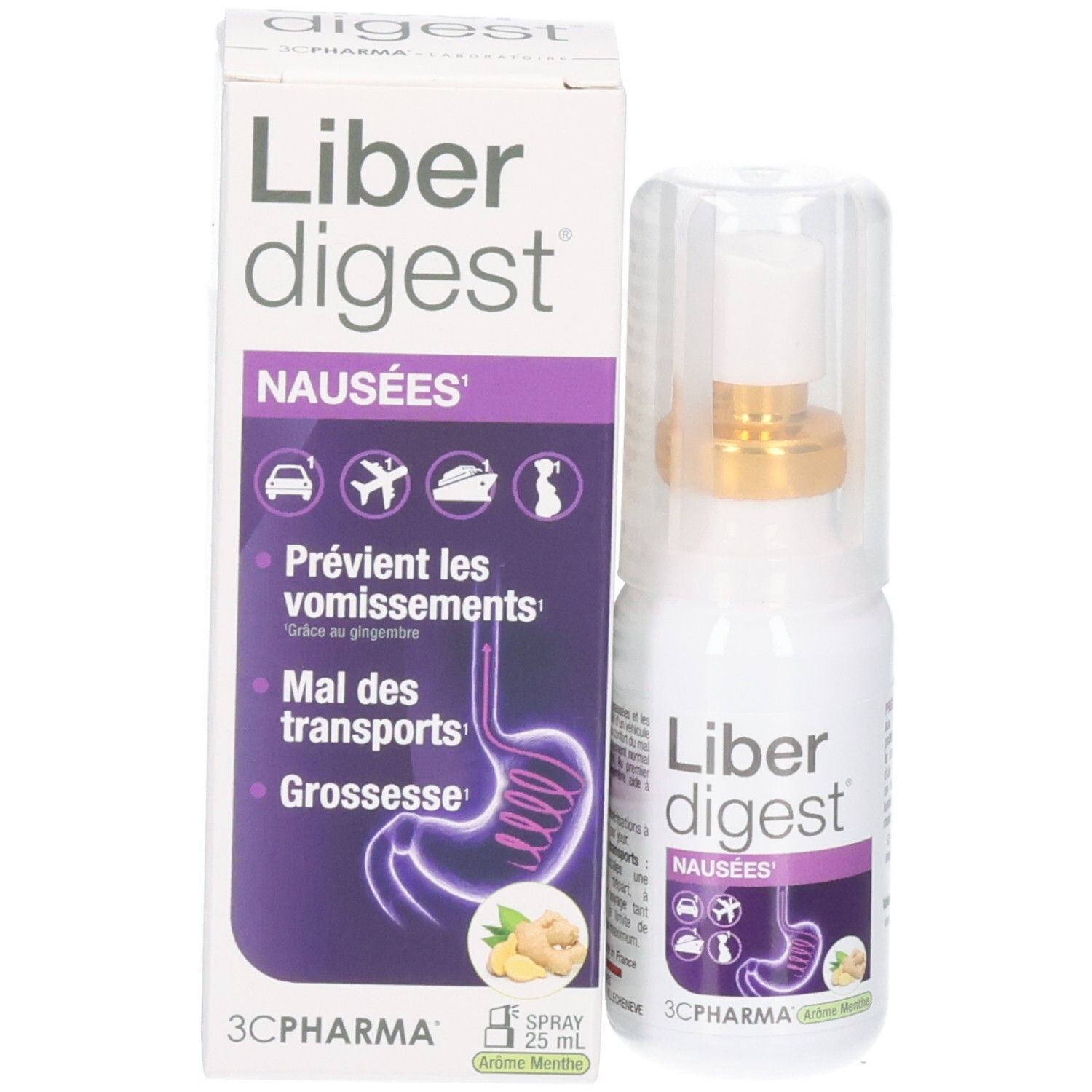 Spray 3C Pharma Liberdigest Nausées et sa boîte d'emballage. Les deux avec étiquette et informations produit.