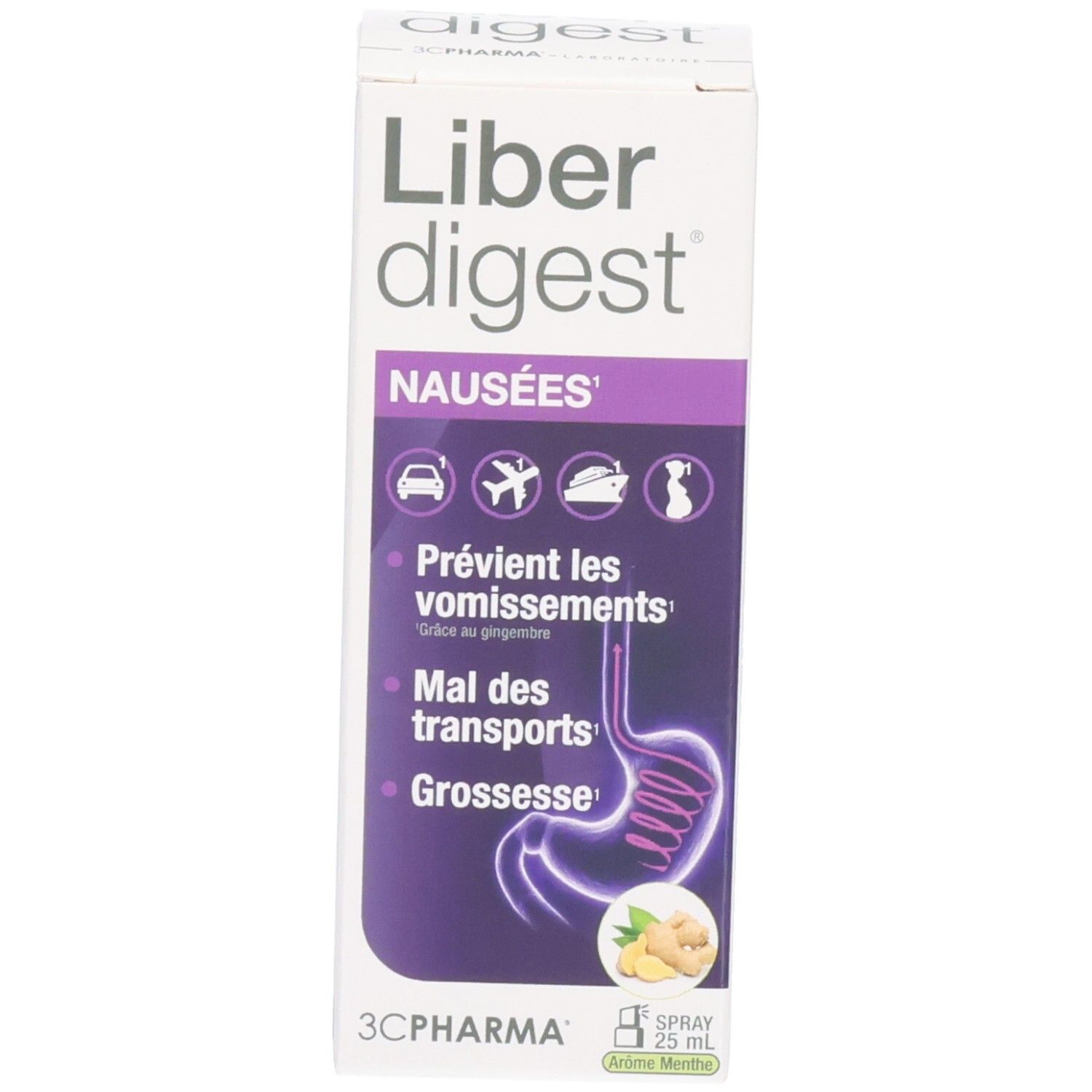 Boîte d'emballage pour le spray 3C Pharma Liberdigest Nausées avec informations détaillées et illustrations.