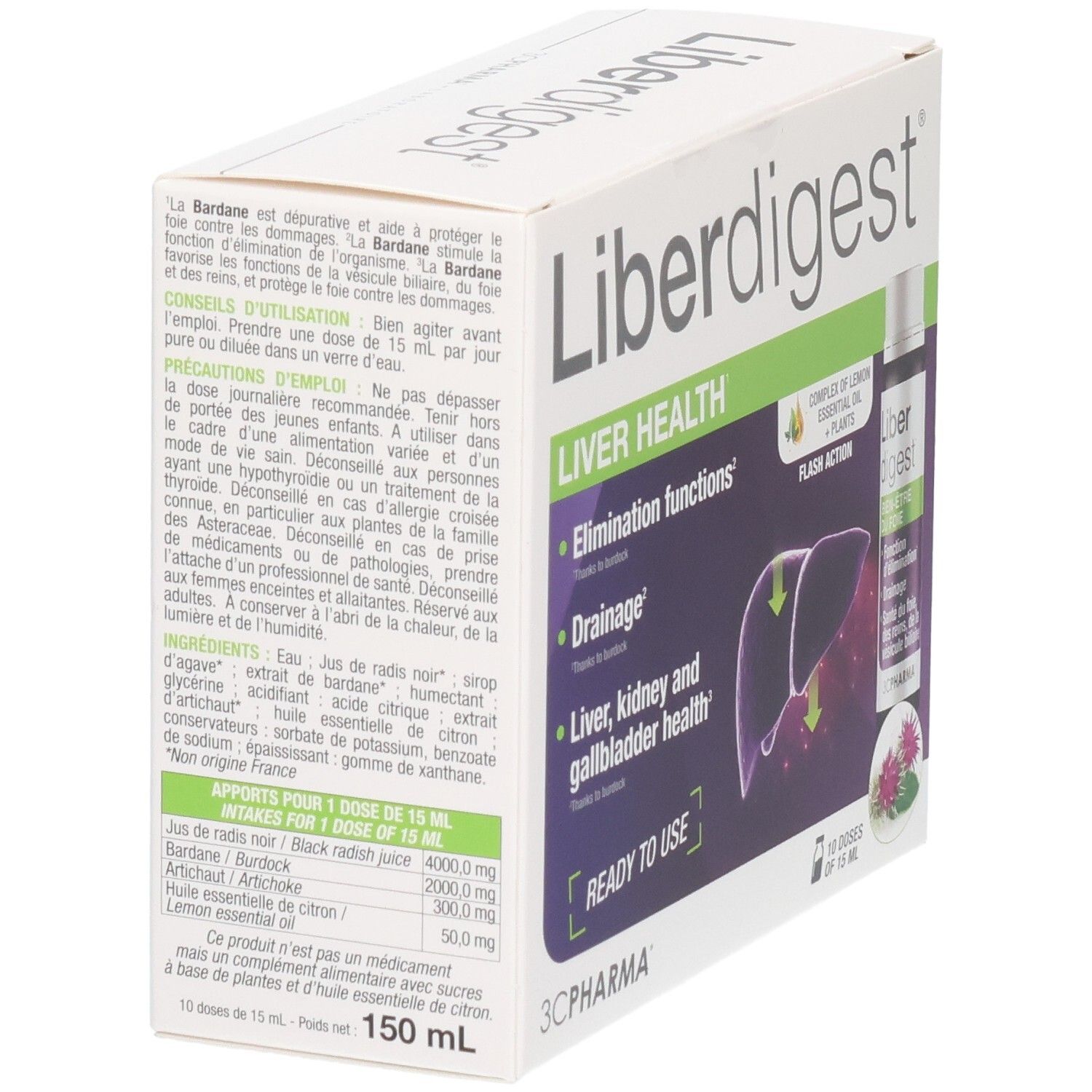 Arrière de la boîte Liberdigest Bien-être du foie avec instructions d'utilisation.