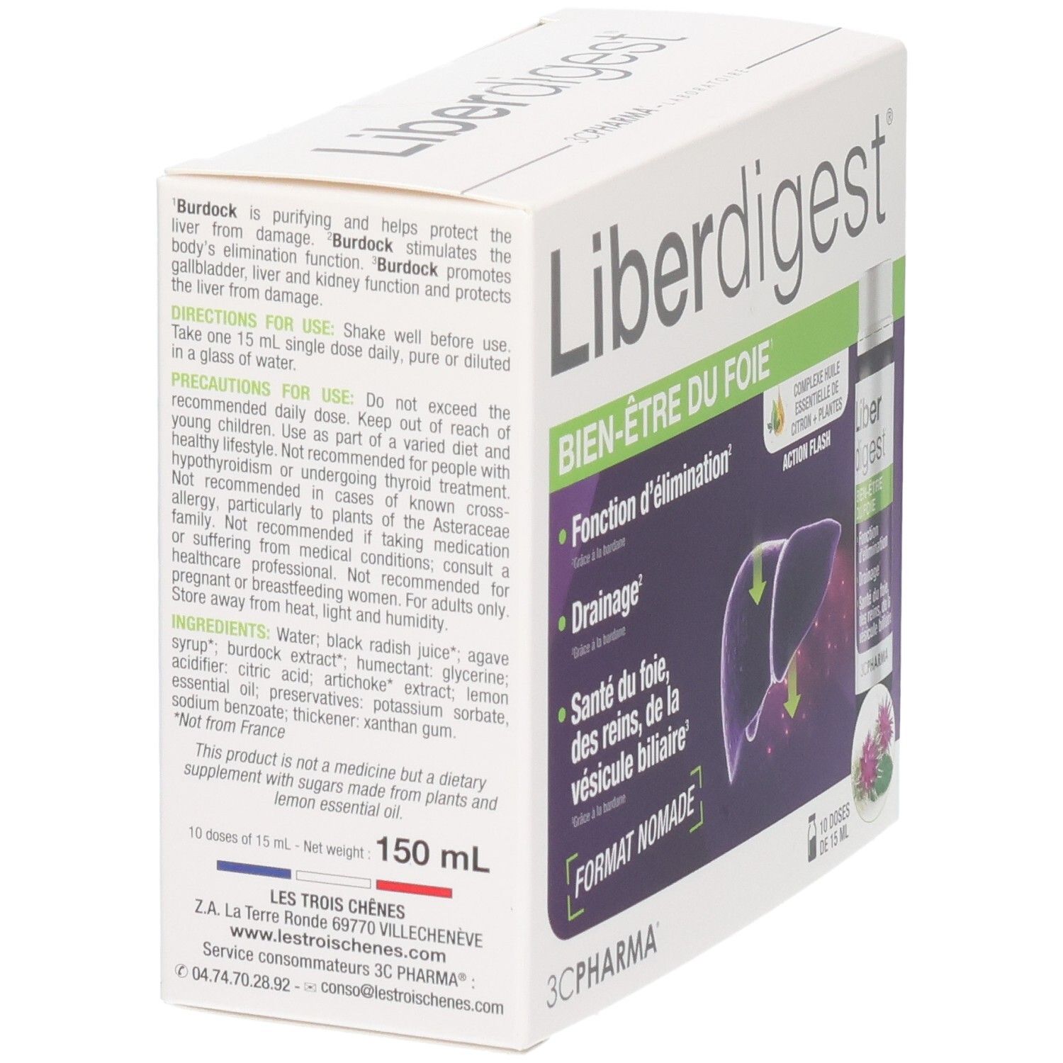 Côté de la boîte Liberdigest Bien-être du foie avec instructions d'utilisation.