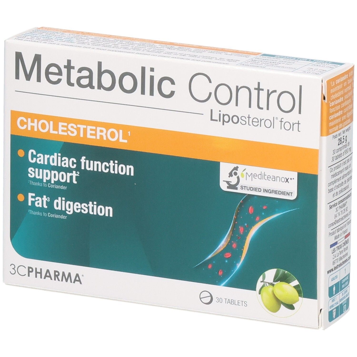 Boîte 3C Pharma Metabolic Control Cholestérol, 30 comprimés. Soutient la fonction cardiaque et la digestion des graisses.