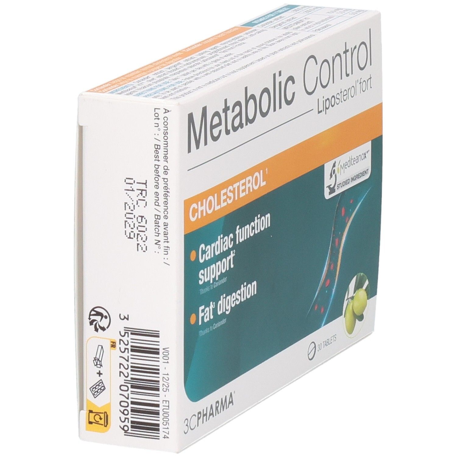 Arrière de la boîte 3C Pharma Metabolic Control Cholestérol, avec numéro de lot et date d'expiration.