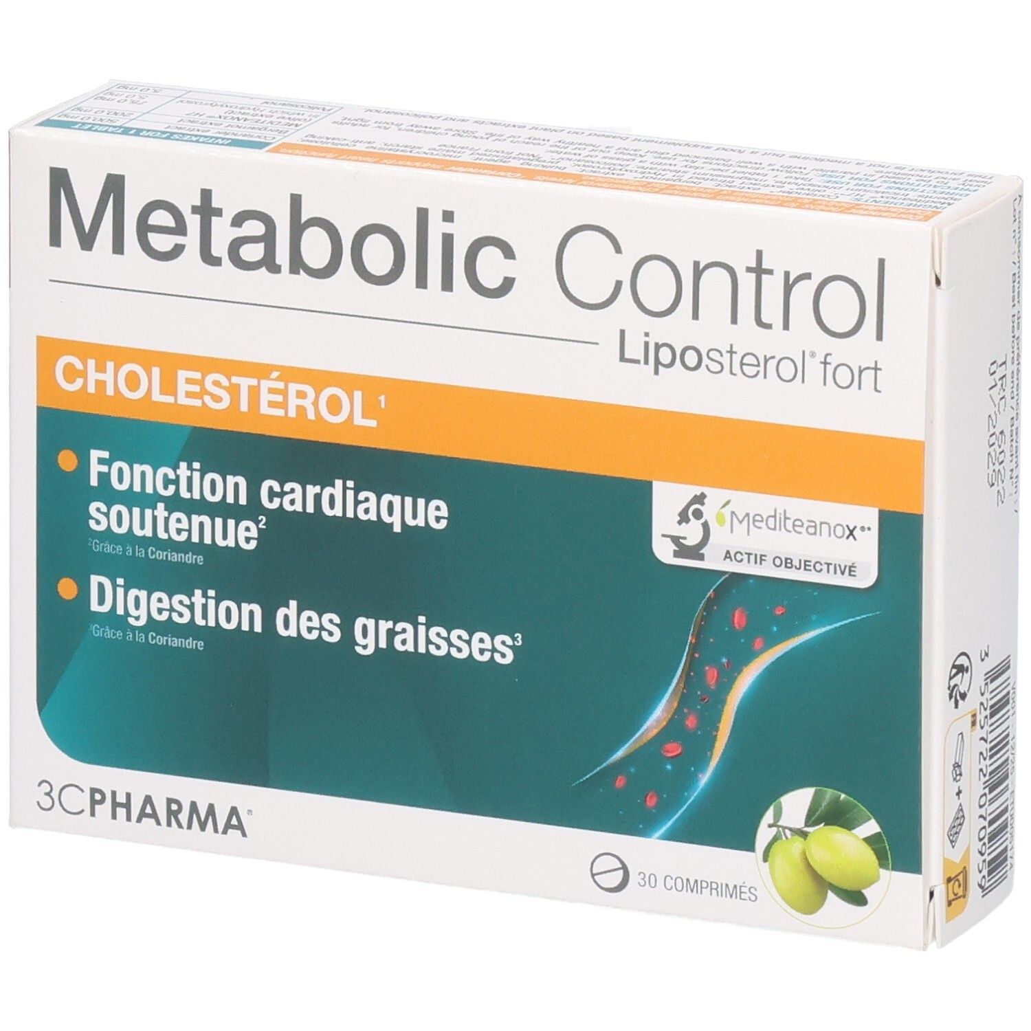 Boîte 3C Pharma Metabolic Control Cholestérol, 30 comprimés. Texte français pour fonction cardiaque et digestion des graisses.