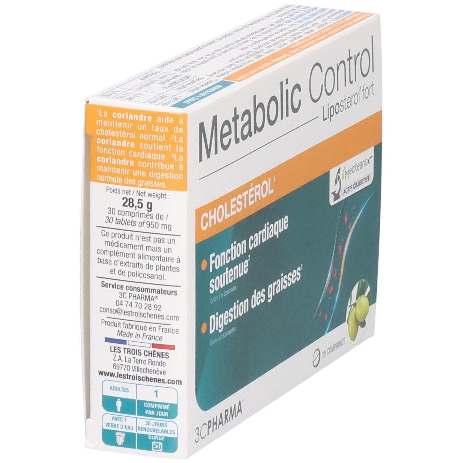 Vue latérale de la boîte 3C Pharma Metabolic Control Cholestérol, avec informations produit et ingrédients.
