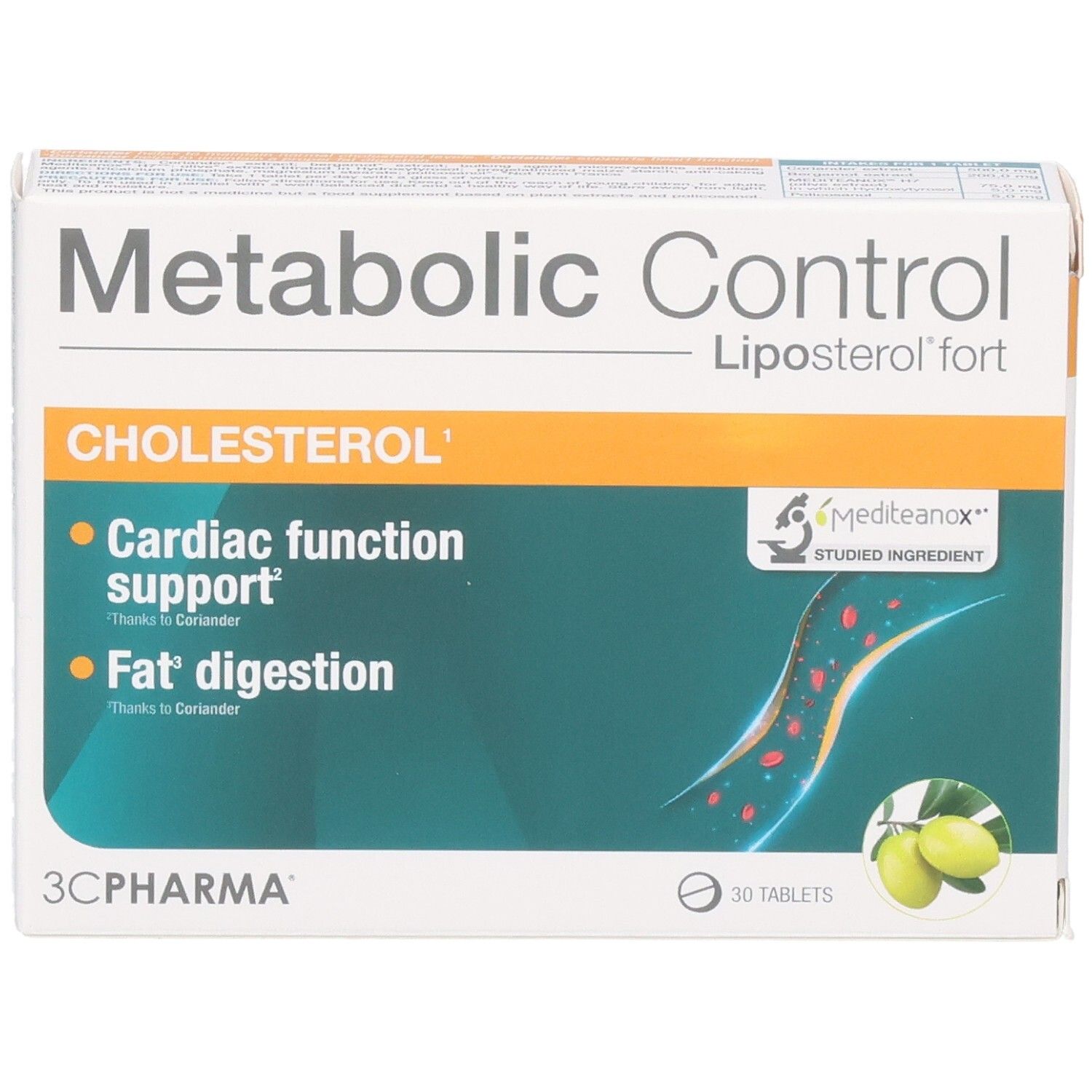 Boîte 3C Pharma Metabolic Control Cholestérol, 30 comprimés. Soutient la fonction cardiaque et la digestion des graisses.
