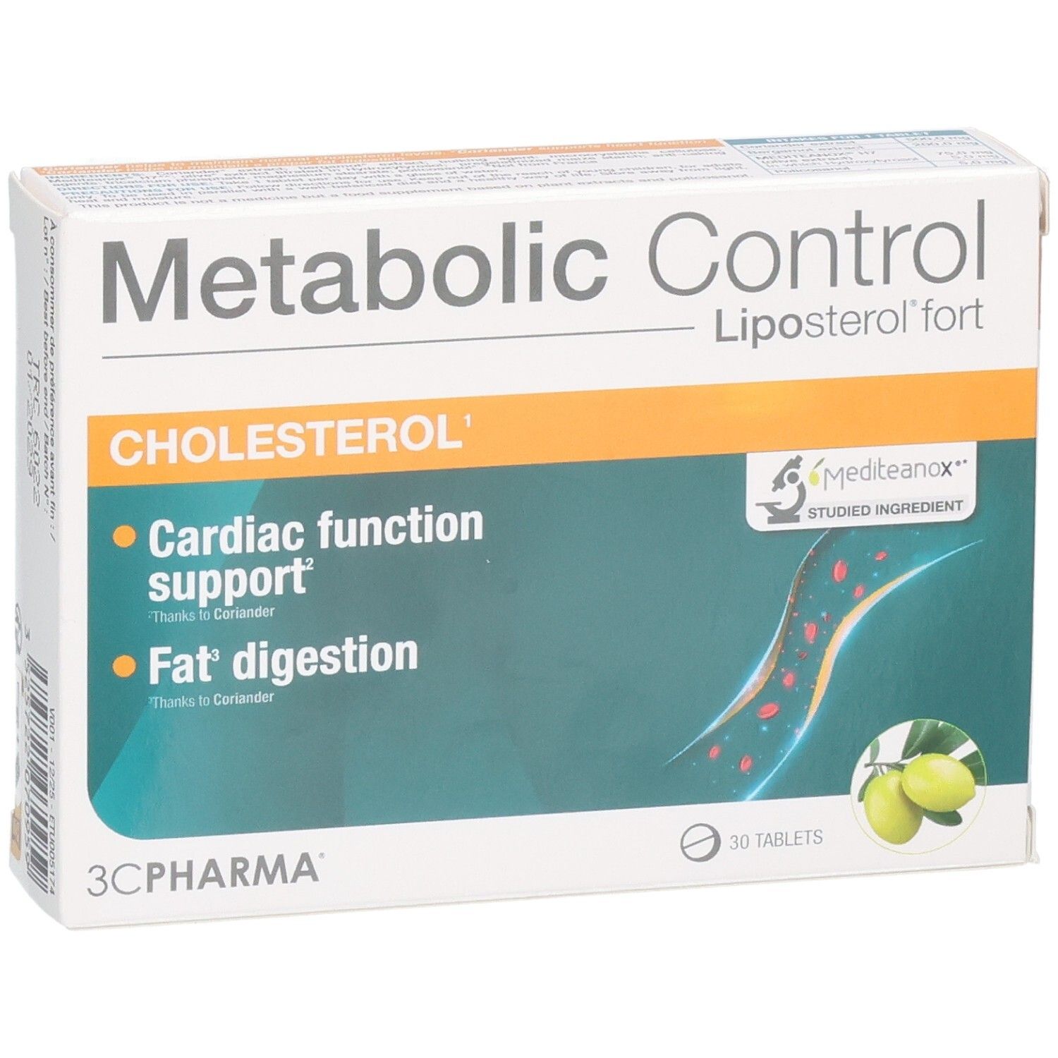 Boîte 3C Pharma Metabolic Control Cholestérol, 30 comprimés. Soutient la fonction cardiaque et la digestion des graisses.