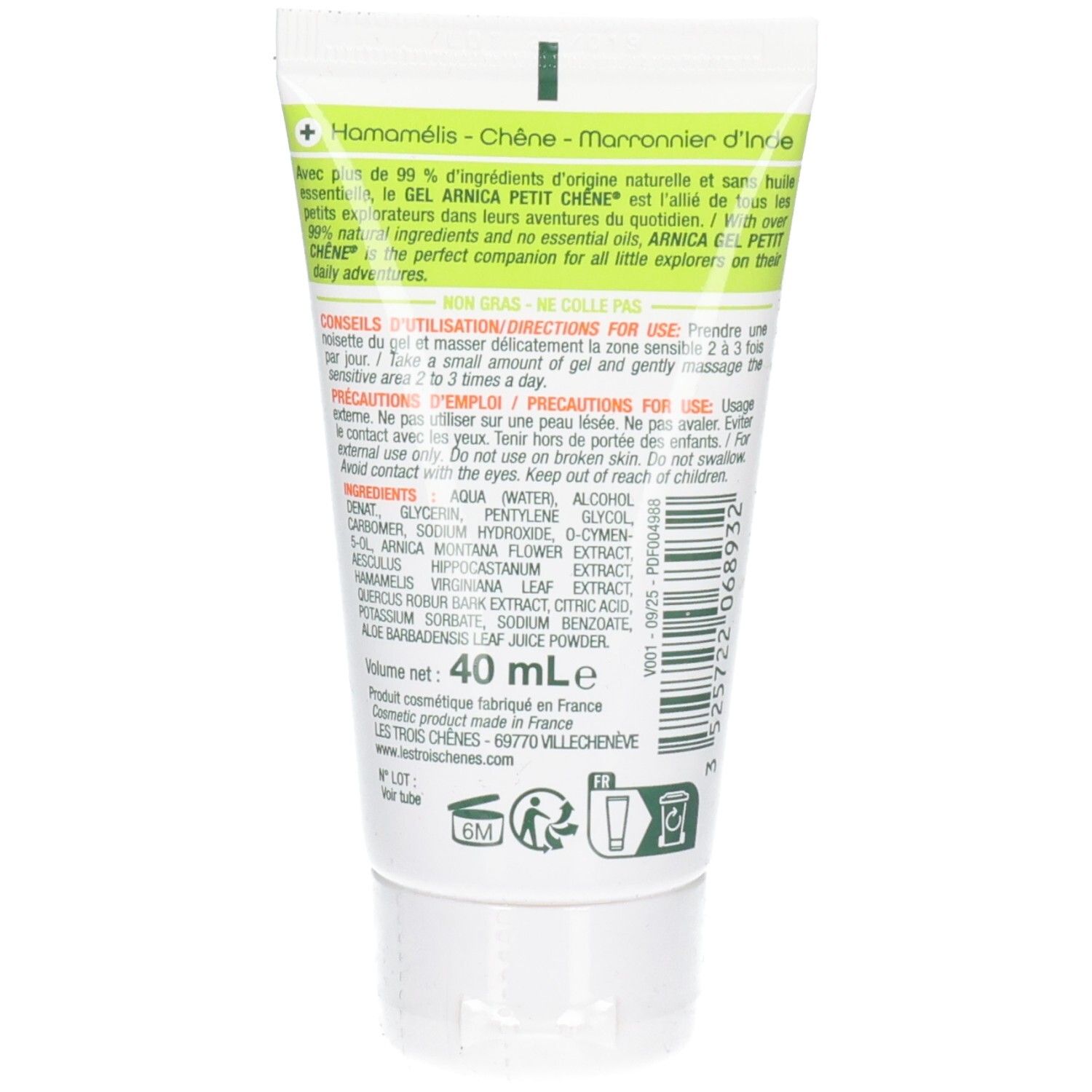 Arrière du tube PETIT CHENE Gel Arnica 40ml, avec liste des ingrédients et instructions d'utilisation.