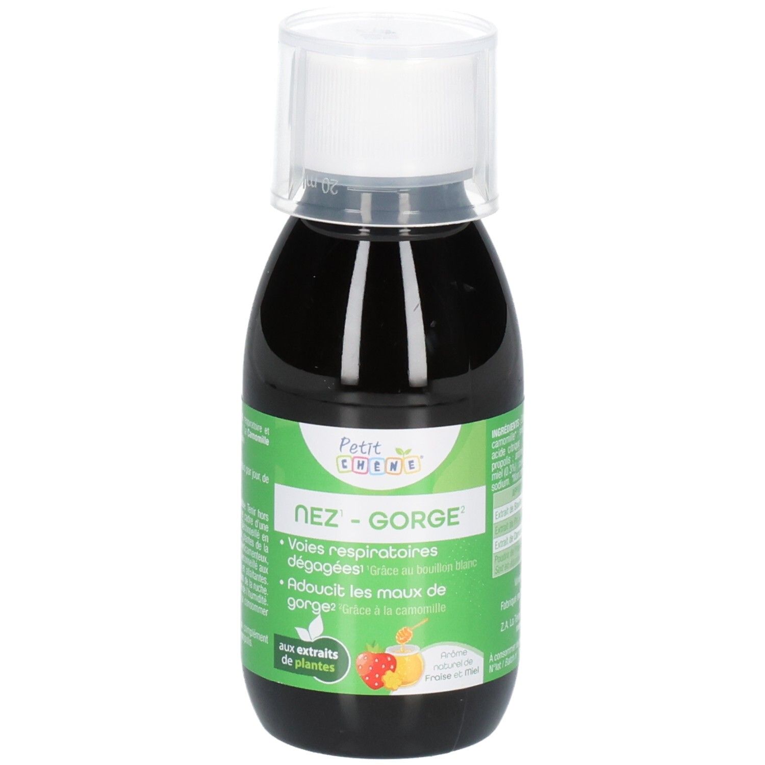 PETIT CHENE NEZ GORGE 125ML Flacon avec gobelet doseur. Liquide foncé, étiquettes verte et blanche avec extraits de plantes.