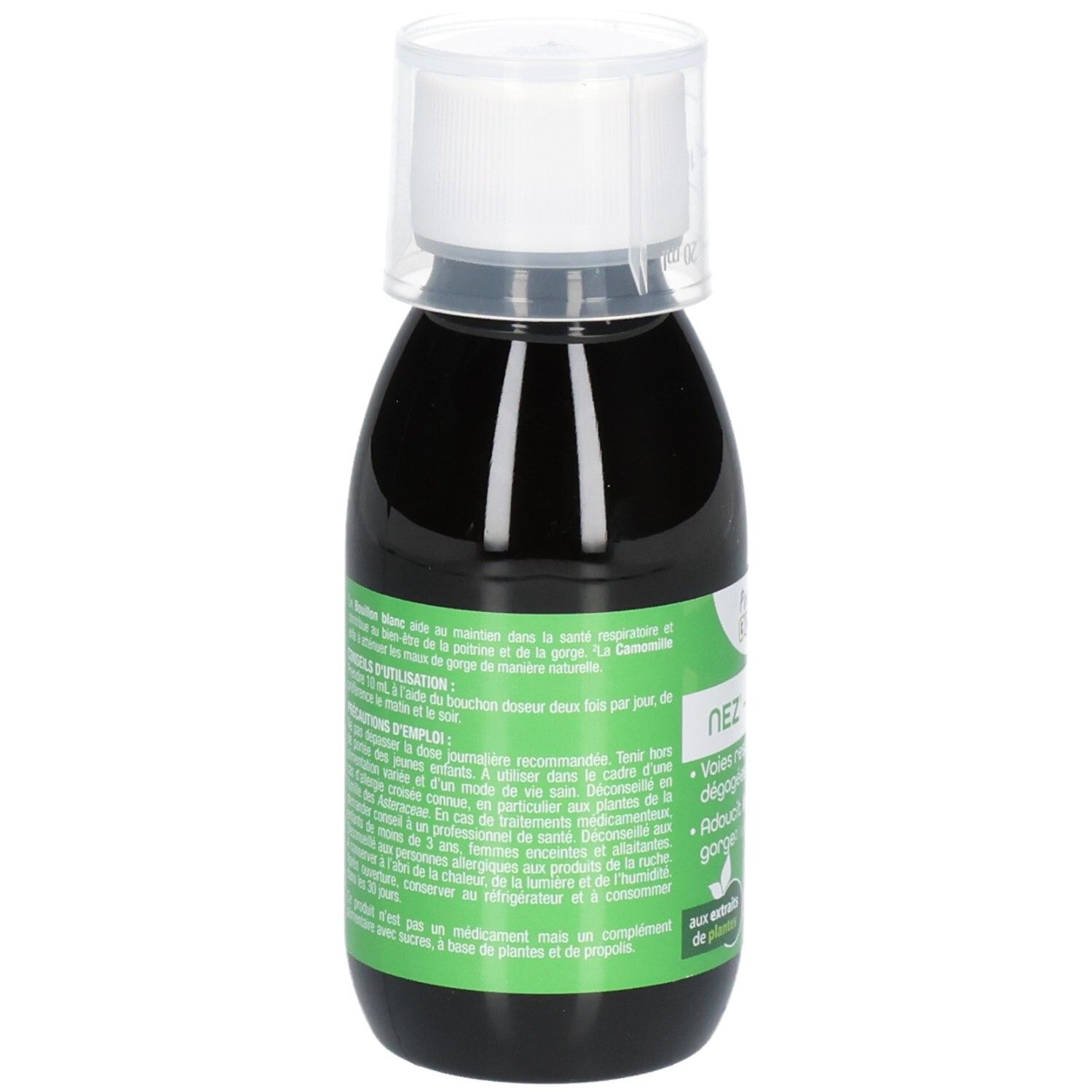 PETIT CHENE NEZ GORGE 125ML Arrière du flacon avec instructions d'utilisation détaillées et ingrédients.