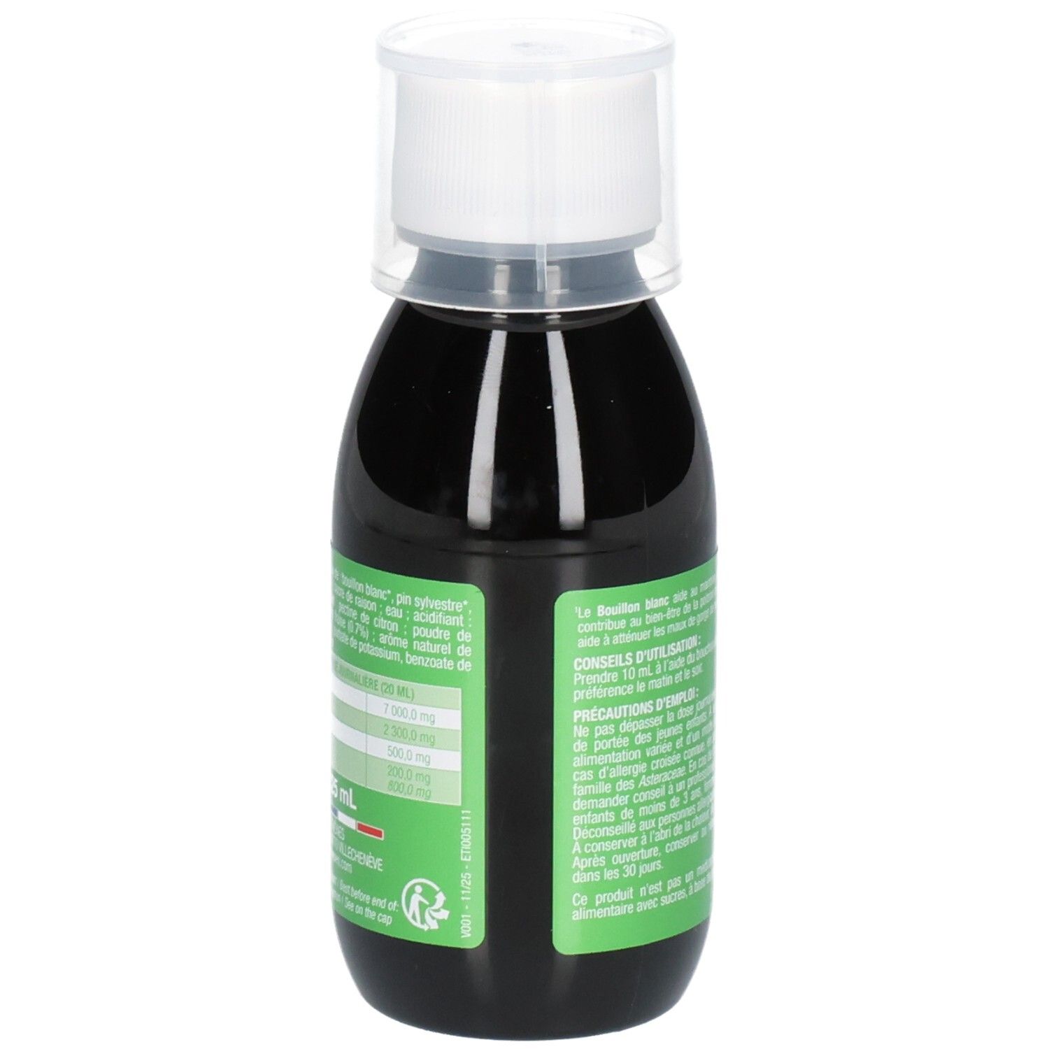 PETIT CHENE NEZ GORGE 125ML Vue latérale du flacon avec informations nutritionnelles et avertissements.