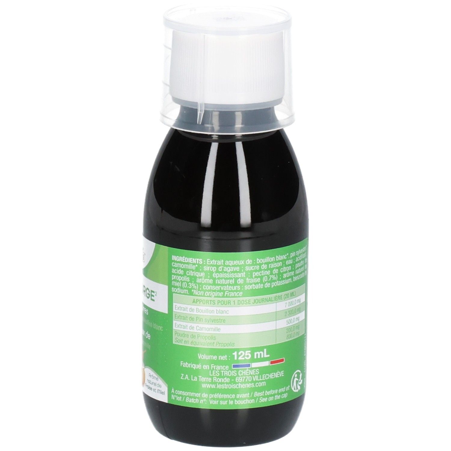 PETIT CHENE NEZ GORGE 125ML Flacon avec gobelet doseur et liste détaillée des ingrédients sur l'étiquette.