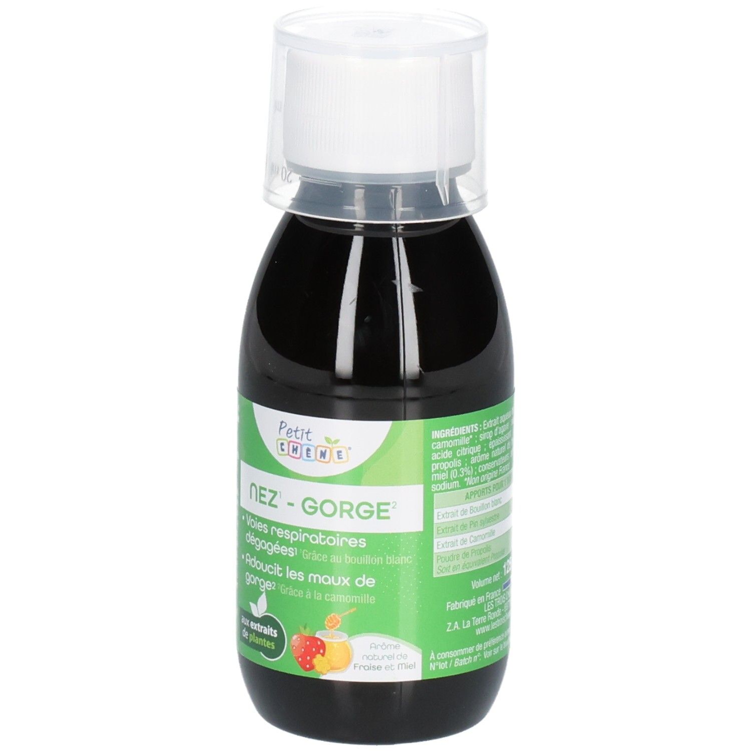 PETIT CHENE NEZ GORGE 125ML Flacon avec gobelet doseur. Étiquettes verte et blanche avec extraits de plantes et fruits.