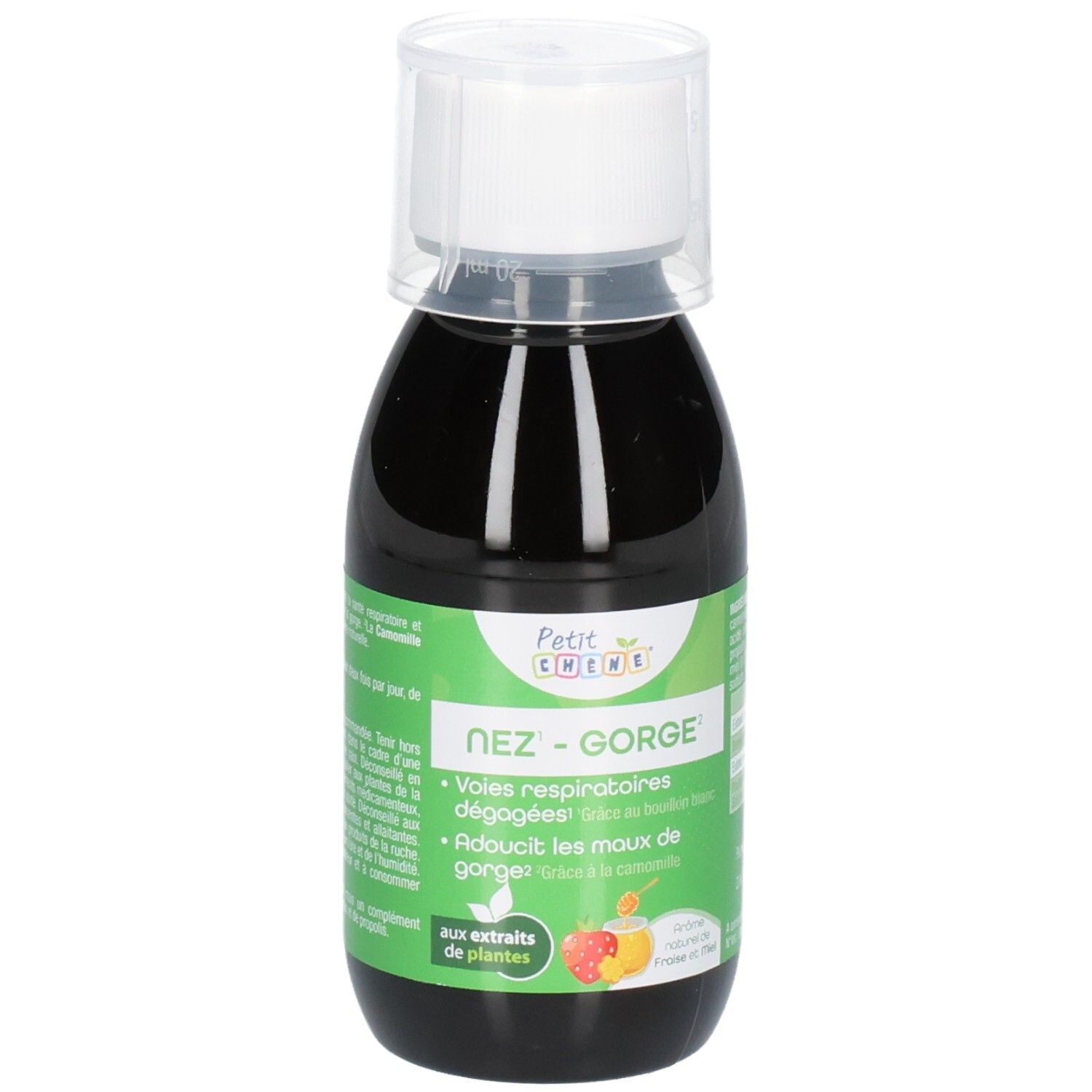 PETIT CHENE NEZ GORGE 125ML Flacon avec gobelet doseur. Étiquette avec extraits de plantes, fraise et miel.