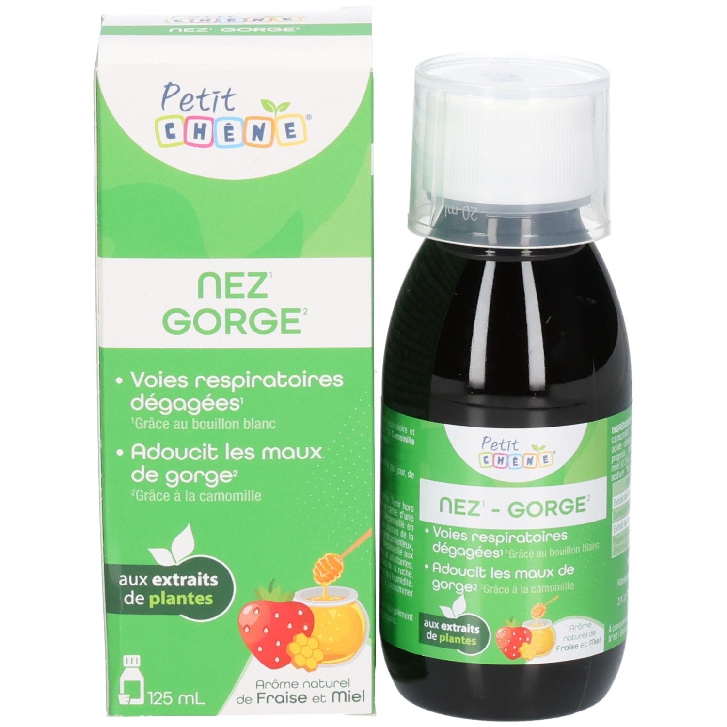 PETIT CHENE NEZ GORGE 125ML Flacon avec gobelet doseur. Étiquette avec extraits de plantes, fraise et miel.
