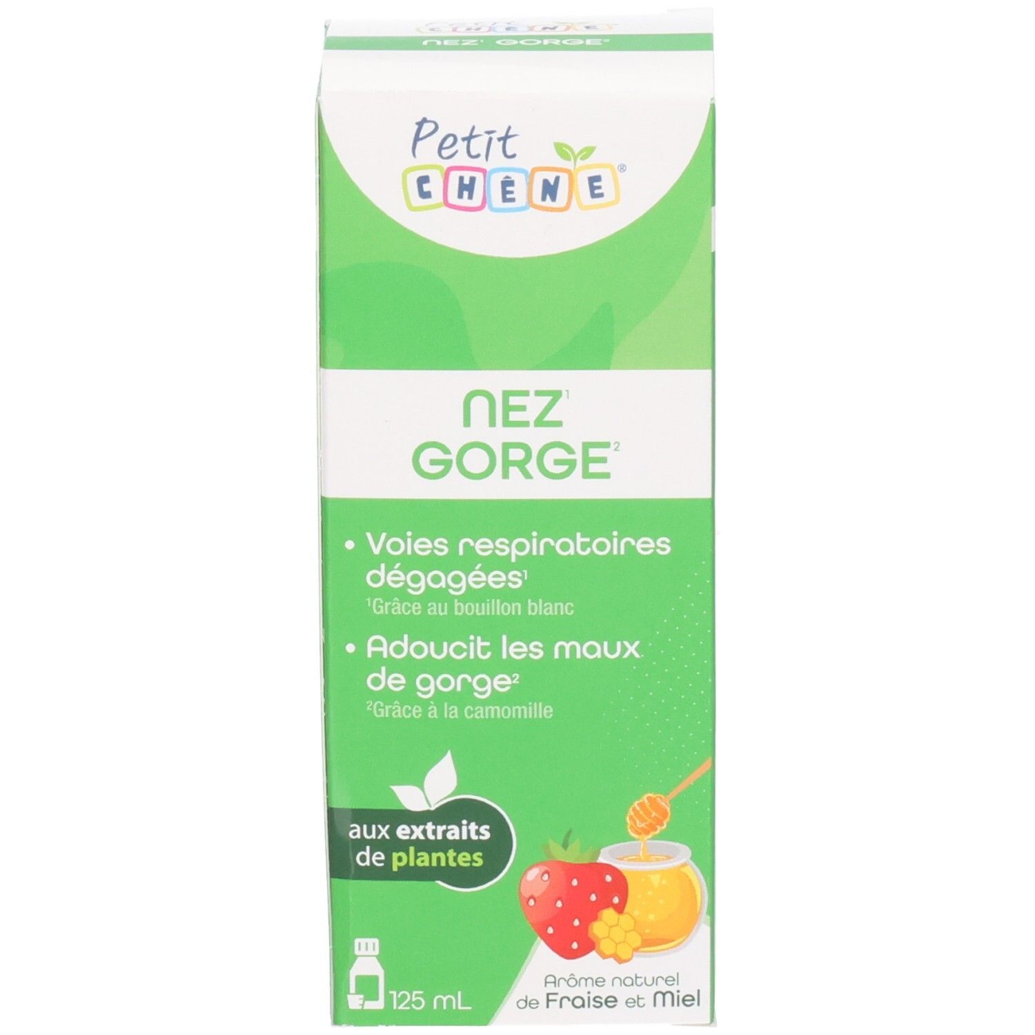 PETIT CHENE NEZ GORGE 125ML Flacon et boîte en carton. Étiquette avec extraits de plantes, fraise et miel.