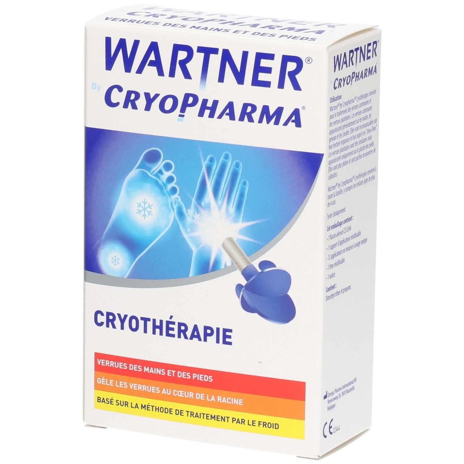 Emballage Wartner by Cryopharma pour traitement des verrues par cryothérapie. Montre mains et pieds avec application de froid.