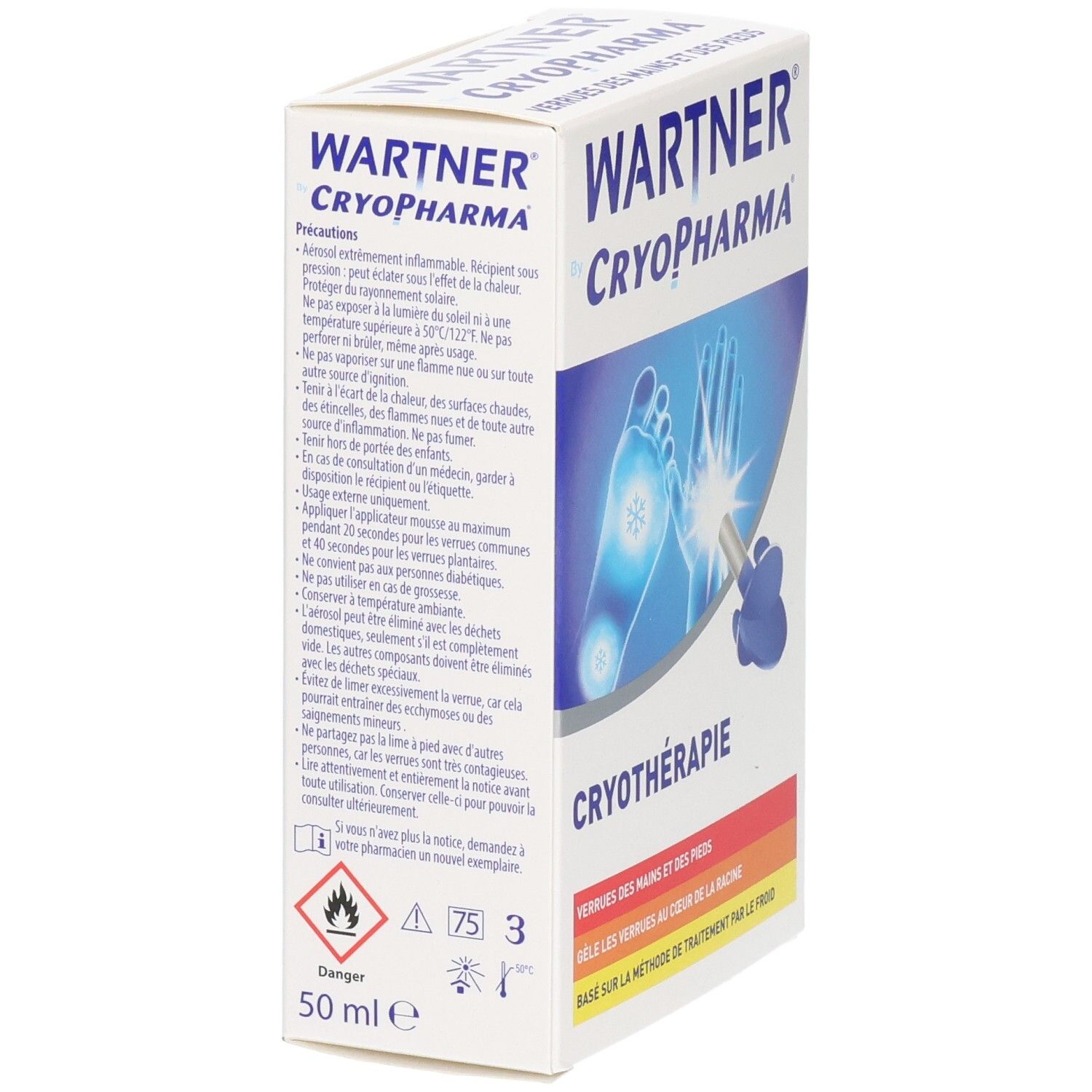 Arrière de l'emballage Wartner by Cryopharma avec instructions et symboles de danger. Contient 50 ml.