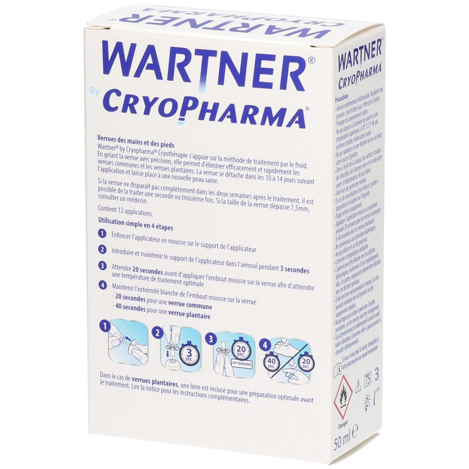 Vue latérale de l'emballage Wartner by Cryopharma avec étapes d'application et contenu.