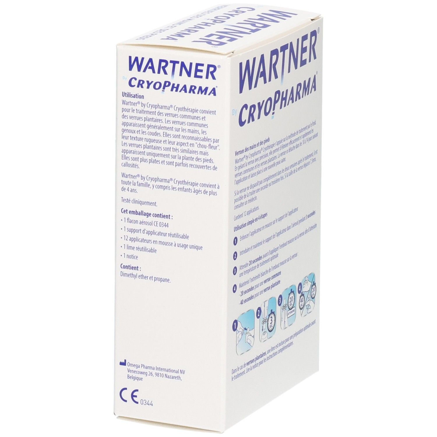 Vue latérale de l'emballage Wartner by Cryopharma avec instructions d'utilisation et contenu.