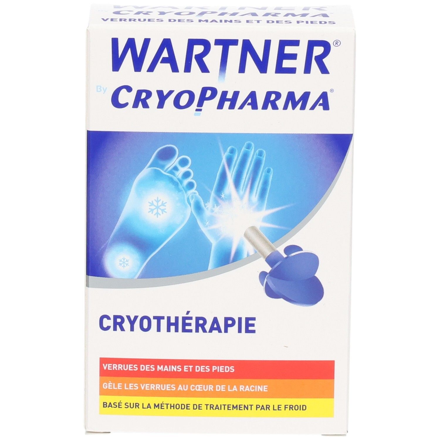 Emballage Wartner by Cryopharma pour traitement des verrues par cryothérapie. Montre mains et pieds avec application de froid.