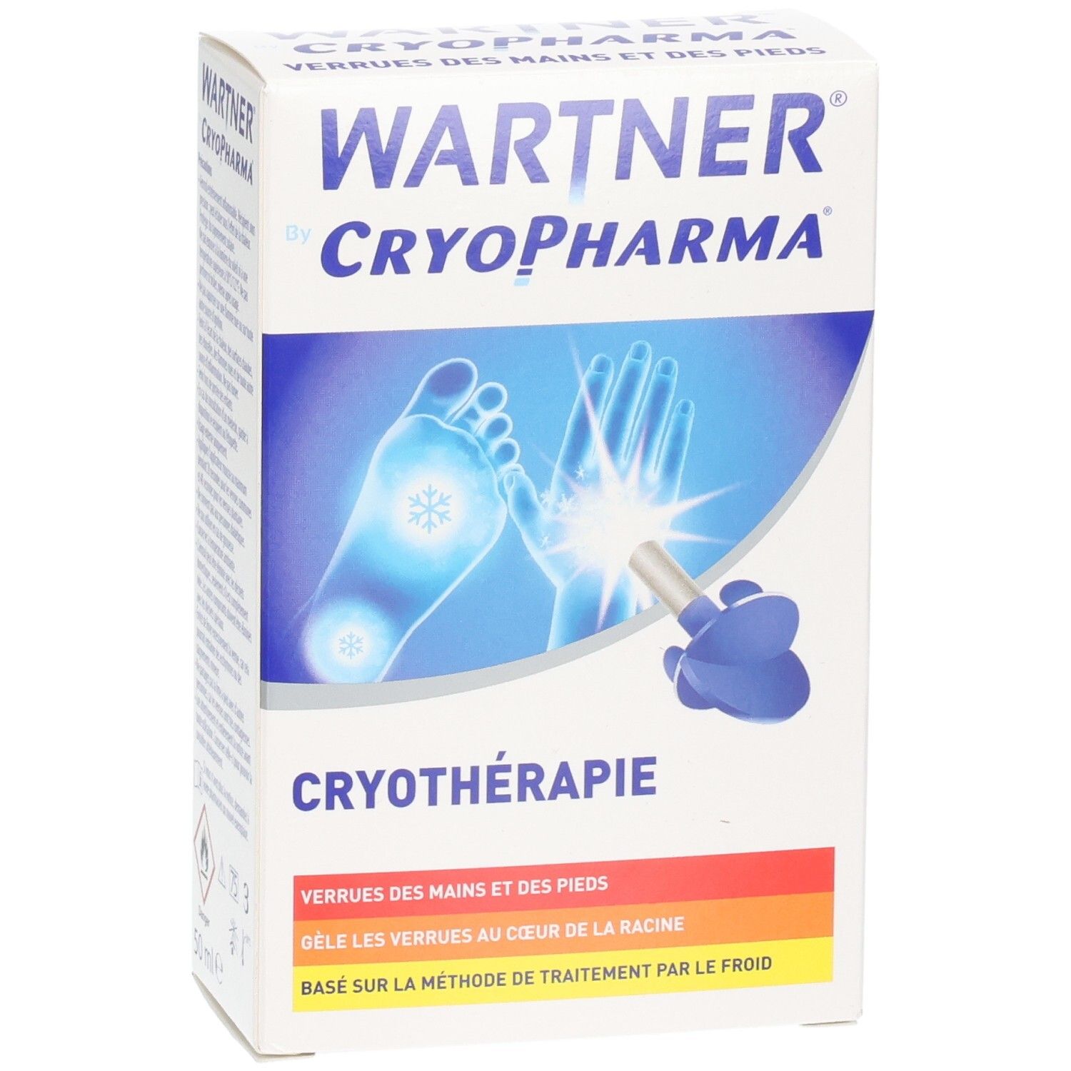 Emballage Wartner by Cryopharma pour traitement des verrues par cryothérapie. Montre mains et pieds avec application de froid.