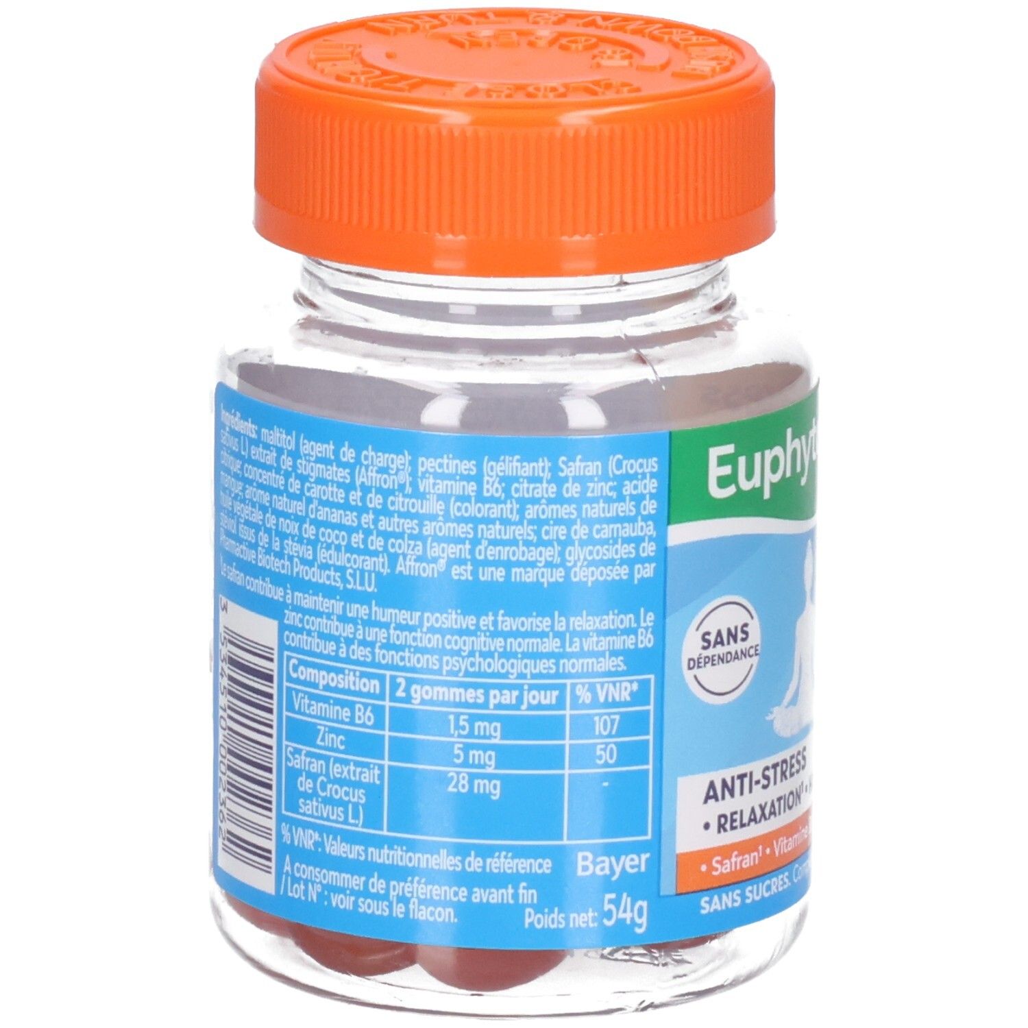 Dos du pot EUPHYTOSE STRESS Safran Gommes avec tableau nutritionnel et ingrédients.